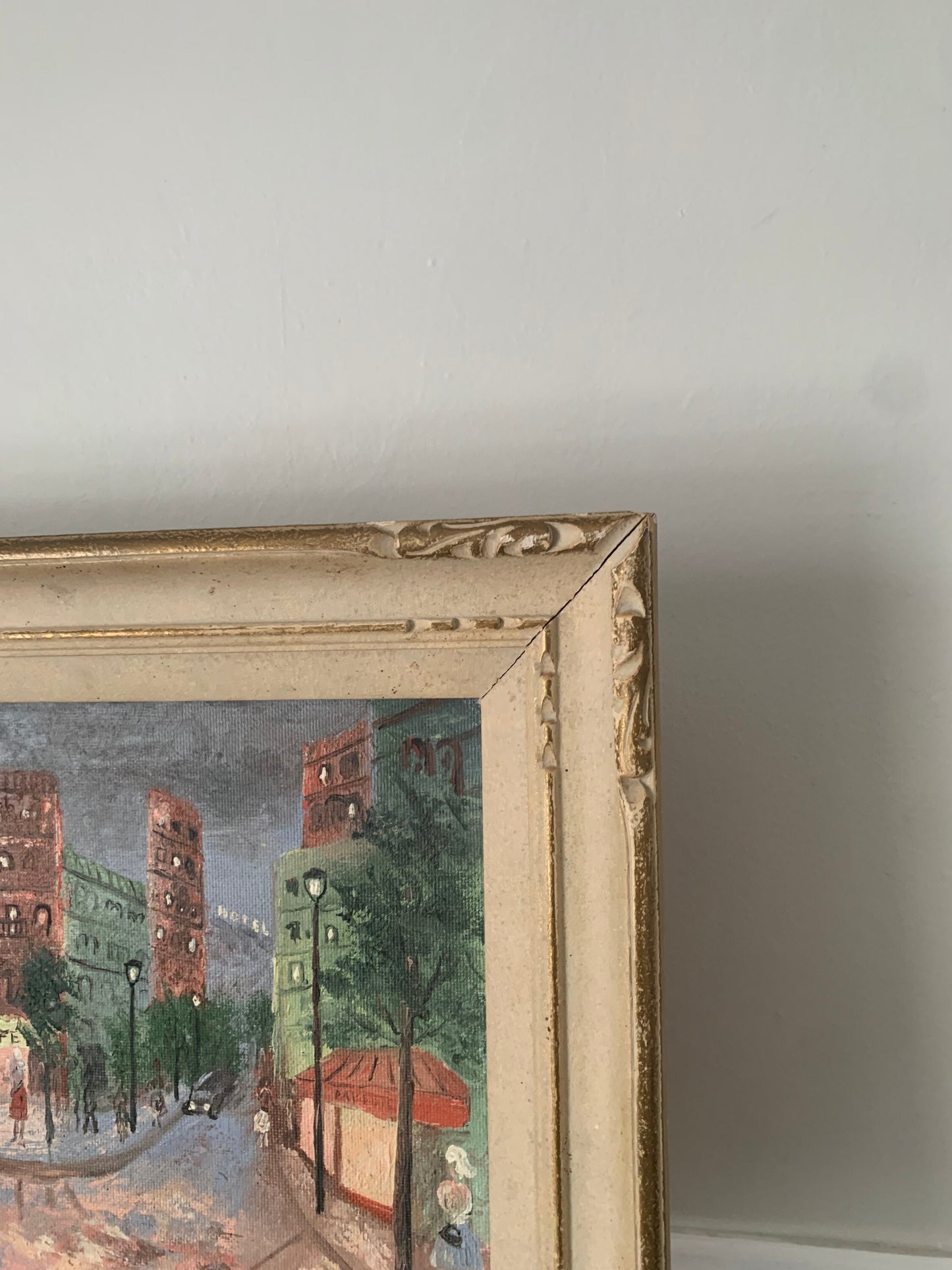 Large Vintage T Laaksonen Acrylic Paris City Scape Painting in Wood Frame