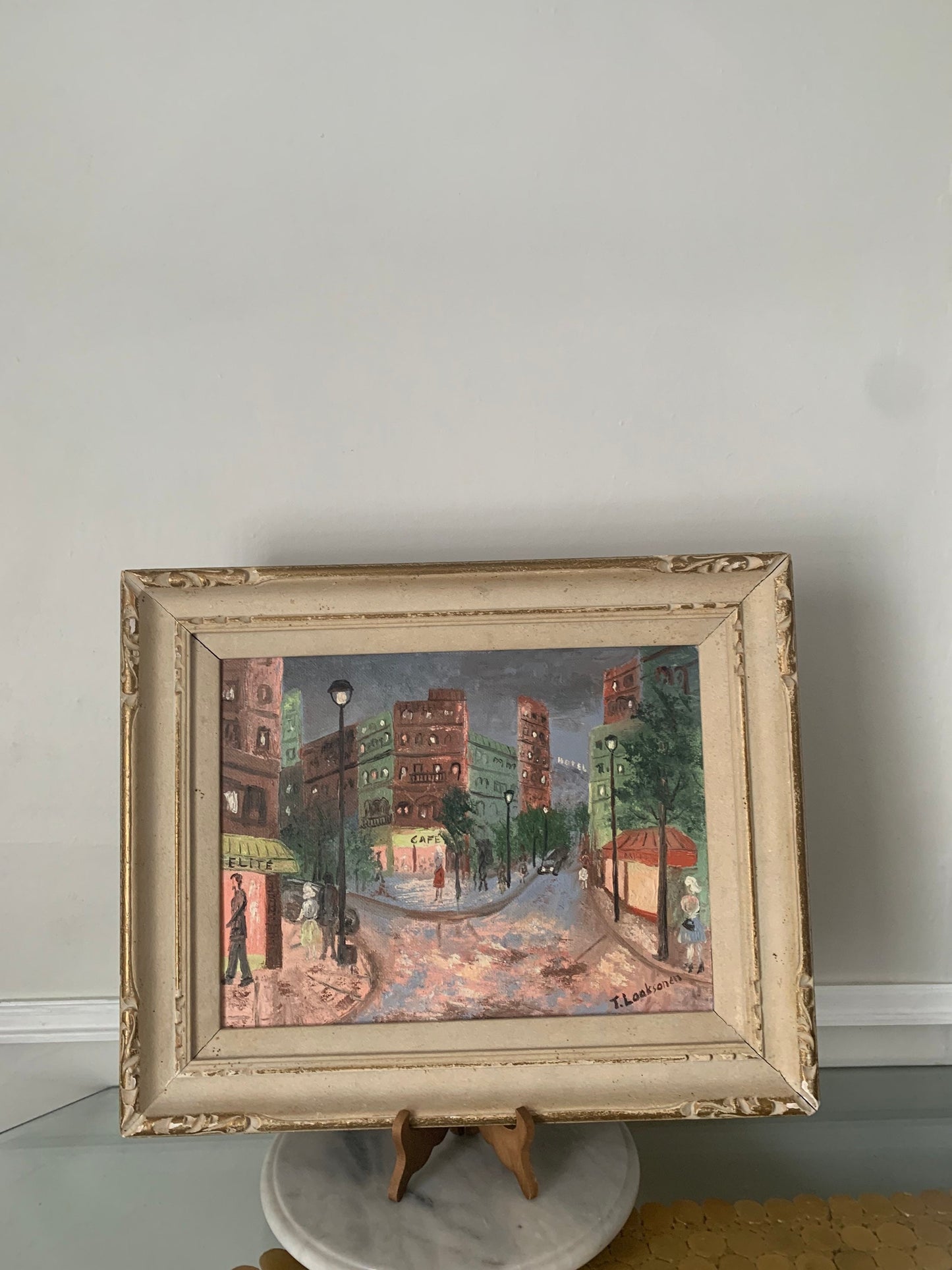 Large Vintage T Laaksonen Acrylic Paris City Scape Painting in Wood Frame