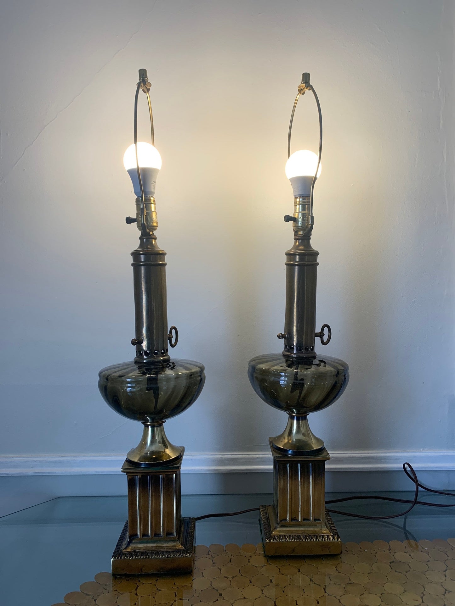 Pair of Tall Vintage Smokey Topaz Glass and Brass Table Lamps No Shades