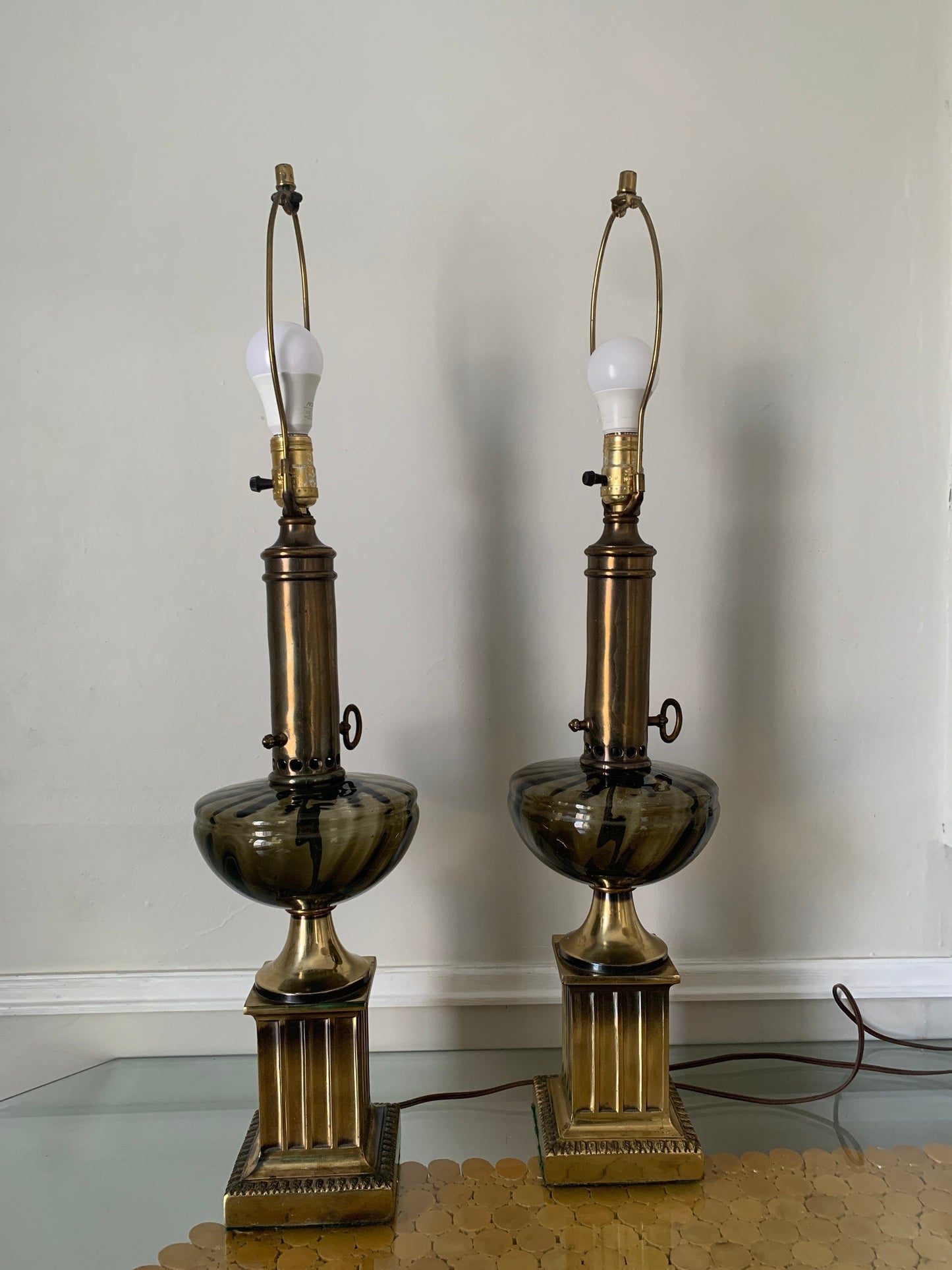 Pair of Tall Vintage Smokey Topaz Glass and Brass Table Lamps No Shades