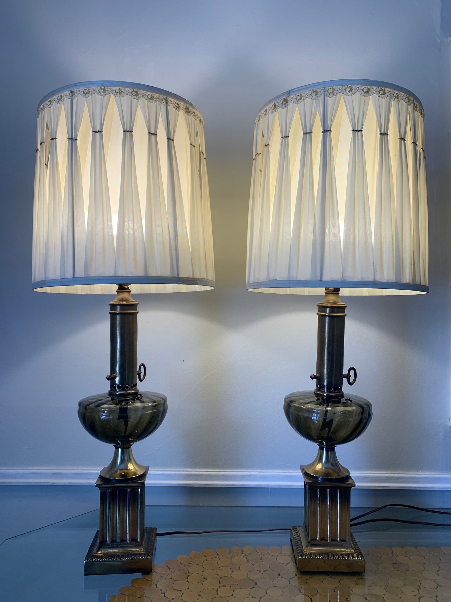 Pair of Tall Vintage Smokey Topaz Glass and Brass Table Lamps No Shades