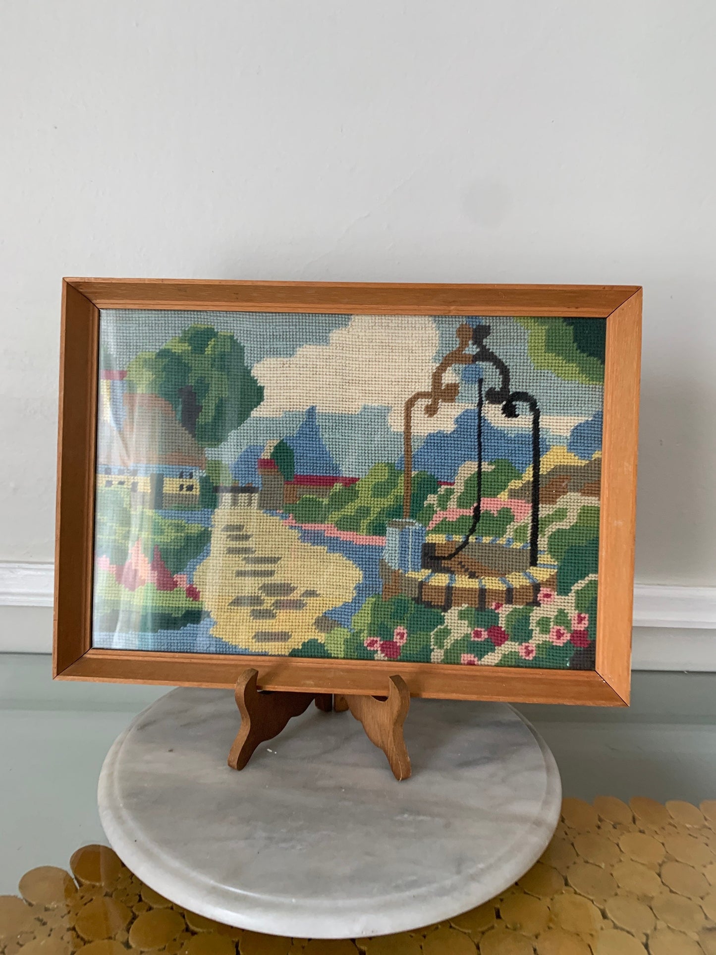 Medium Retro Embroidered Yarn Cottage Wishing Well Scene in  Wood Frame