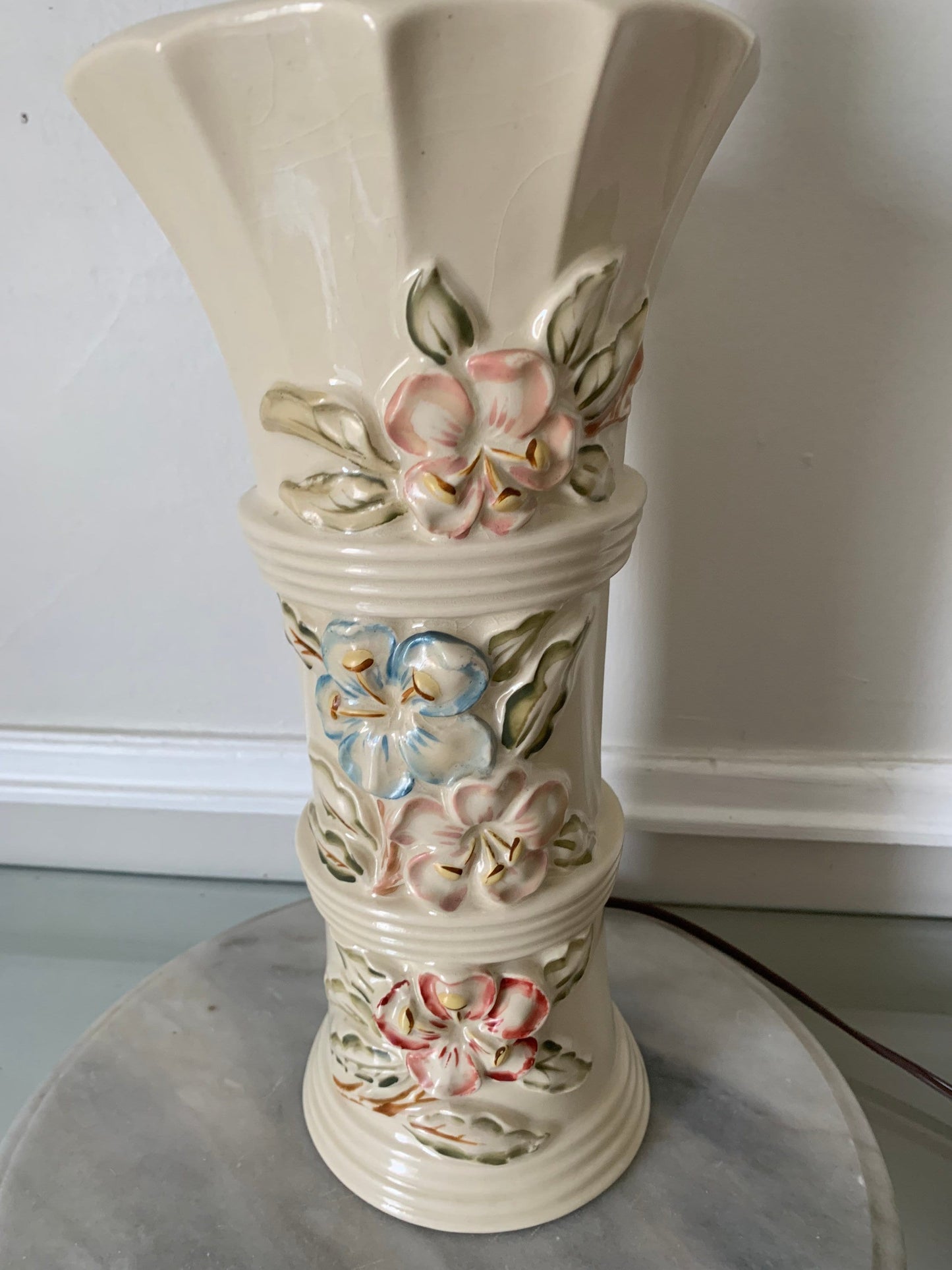 Vintage Medium Cream Ceramic Lamp with Pastel Flowers Table Lamp