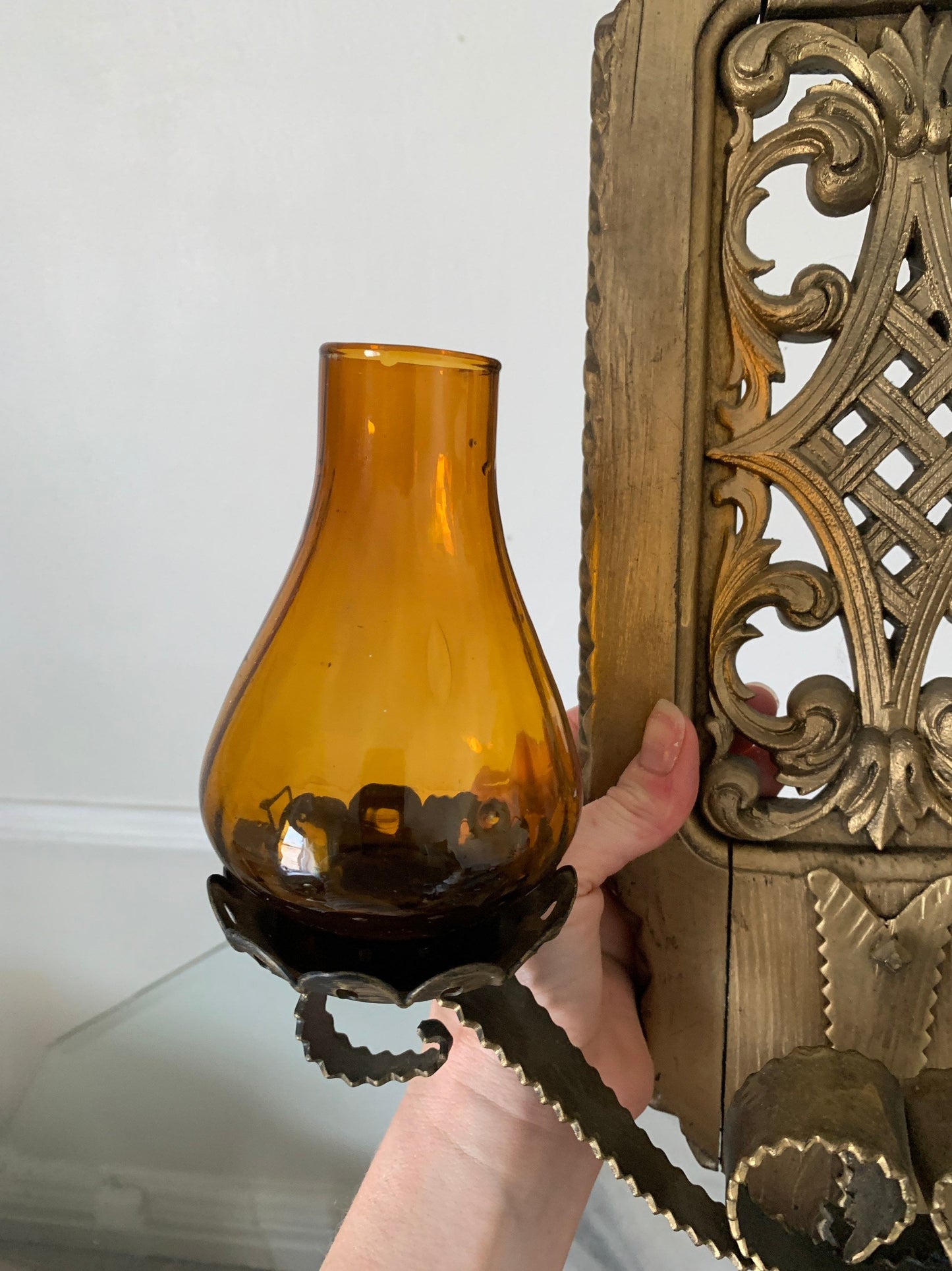 Vintage Large Wooden Candle Wall Sconces with Yellow Glass Hurricane Lanterns Made in Spain