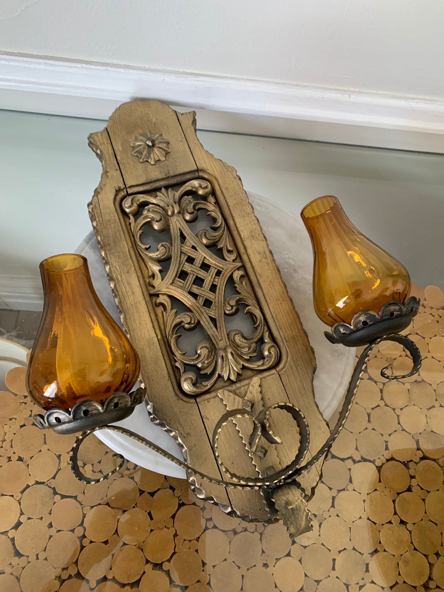 Vintage Large Wooden Candle Wall Sconces with Yellow Glass Hurricane Lanterns Made in Spain