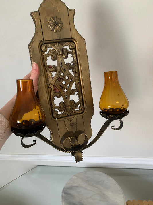 Vintage Large Wooden Candle Wall Sconces with Yellow Glass Hurricane Lanterns Made in Spain