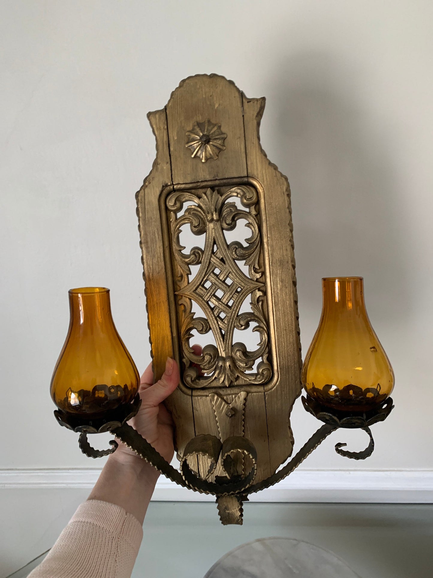 Vintage Large Wooden Candle Wall Sconces with Yellow Glass Hurricane Lanterns Made in Spain