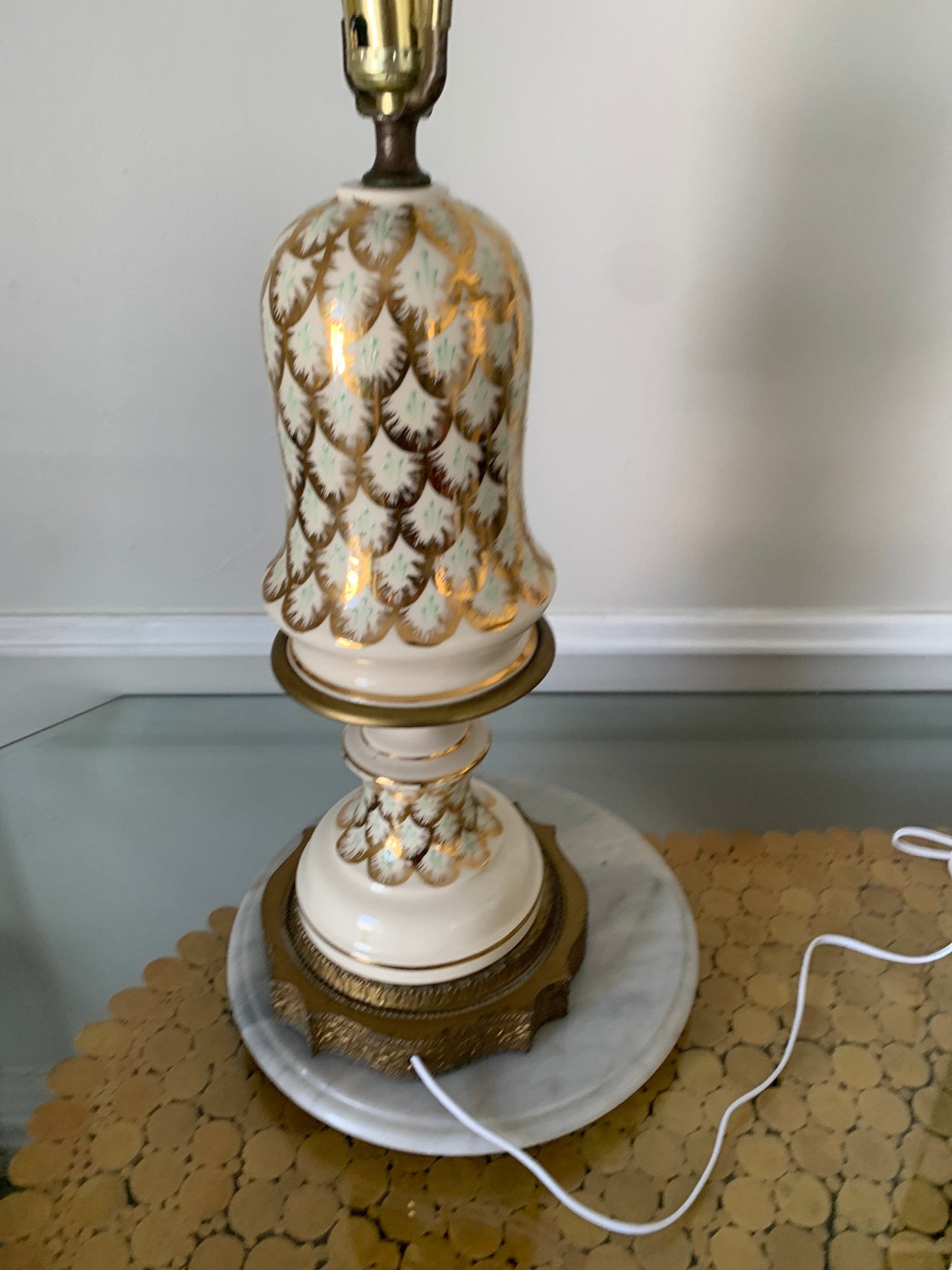 Antique Cream and Gold Tall Ceramic Lamp with Brass Base