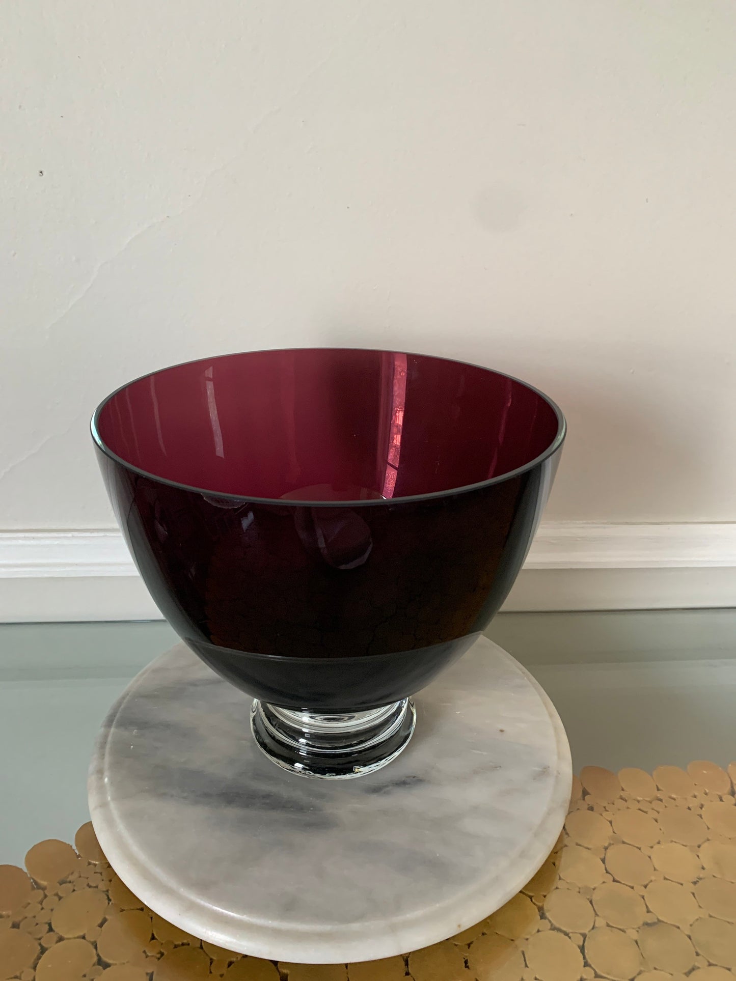 Vintage Heavy Amethyst Glass Bowl with Clear Ribbed Base