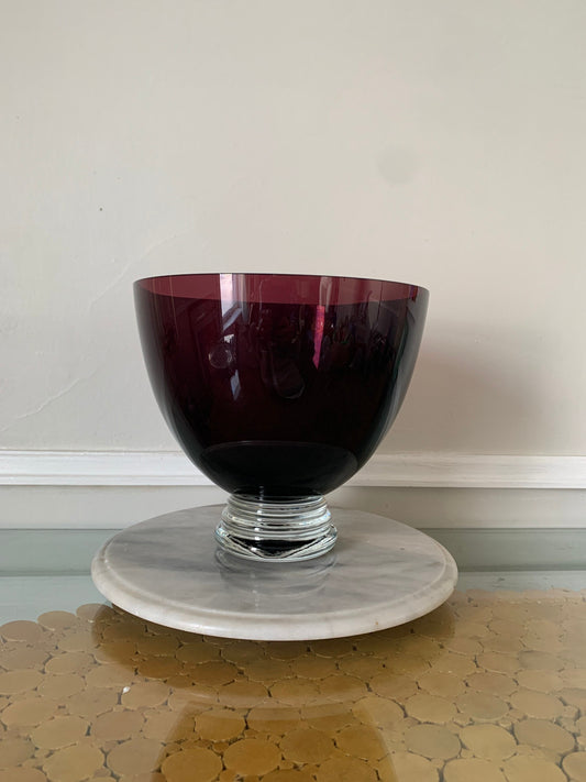 Vintage Heavy Amethyst Glass Bowl with Clear Ribbed Base