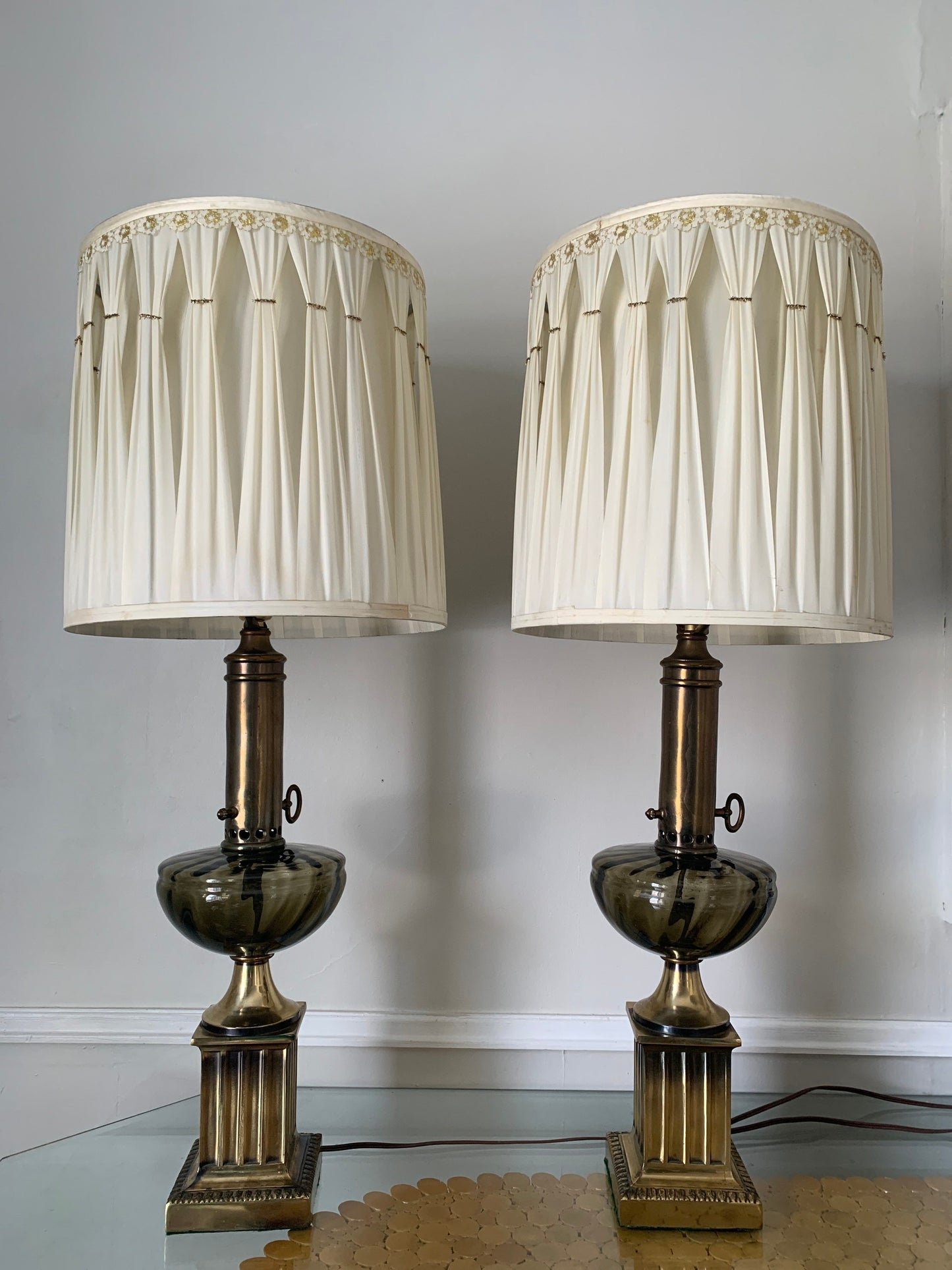 Pair of Tall Vintage Smokey Topaz Glass and Brass Table Lamps No Shades