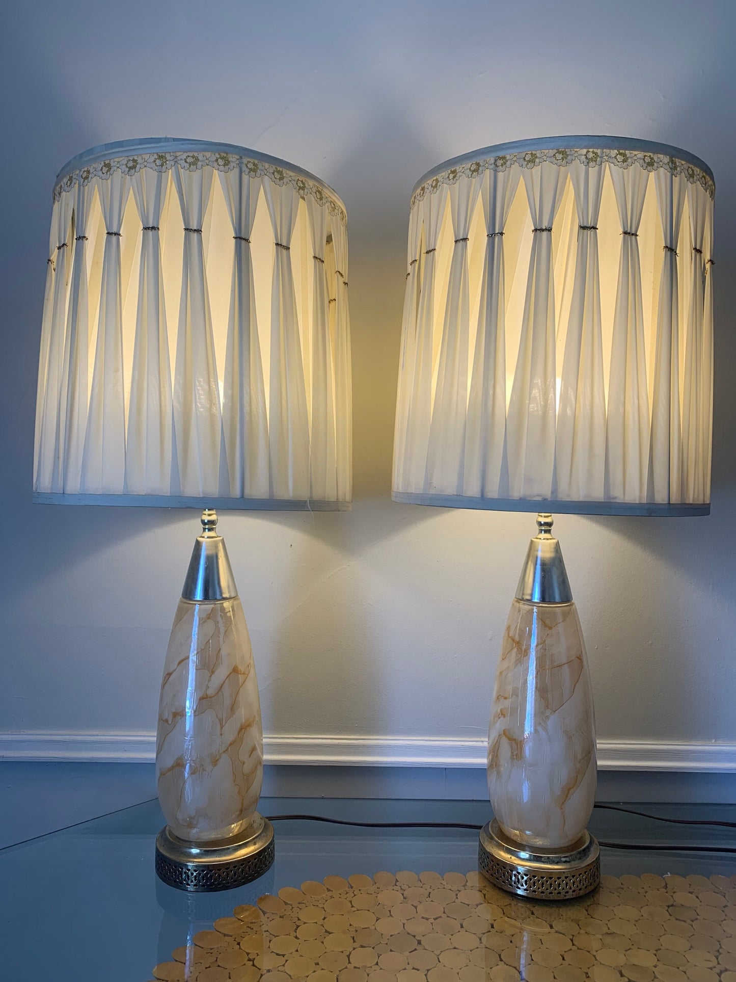 Pair of MCM Iridescent Peach Marble Effect Glass Table Lamps with Honeycomb Pattern Shades not Included