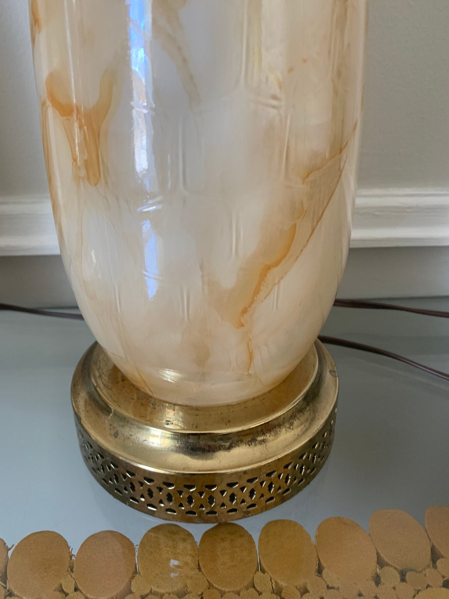 Pair of MCM Iridescent Peach Marble Effect Glass Table Lamps with Honeycomb Pattern Shades not Included