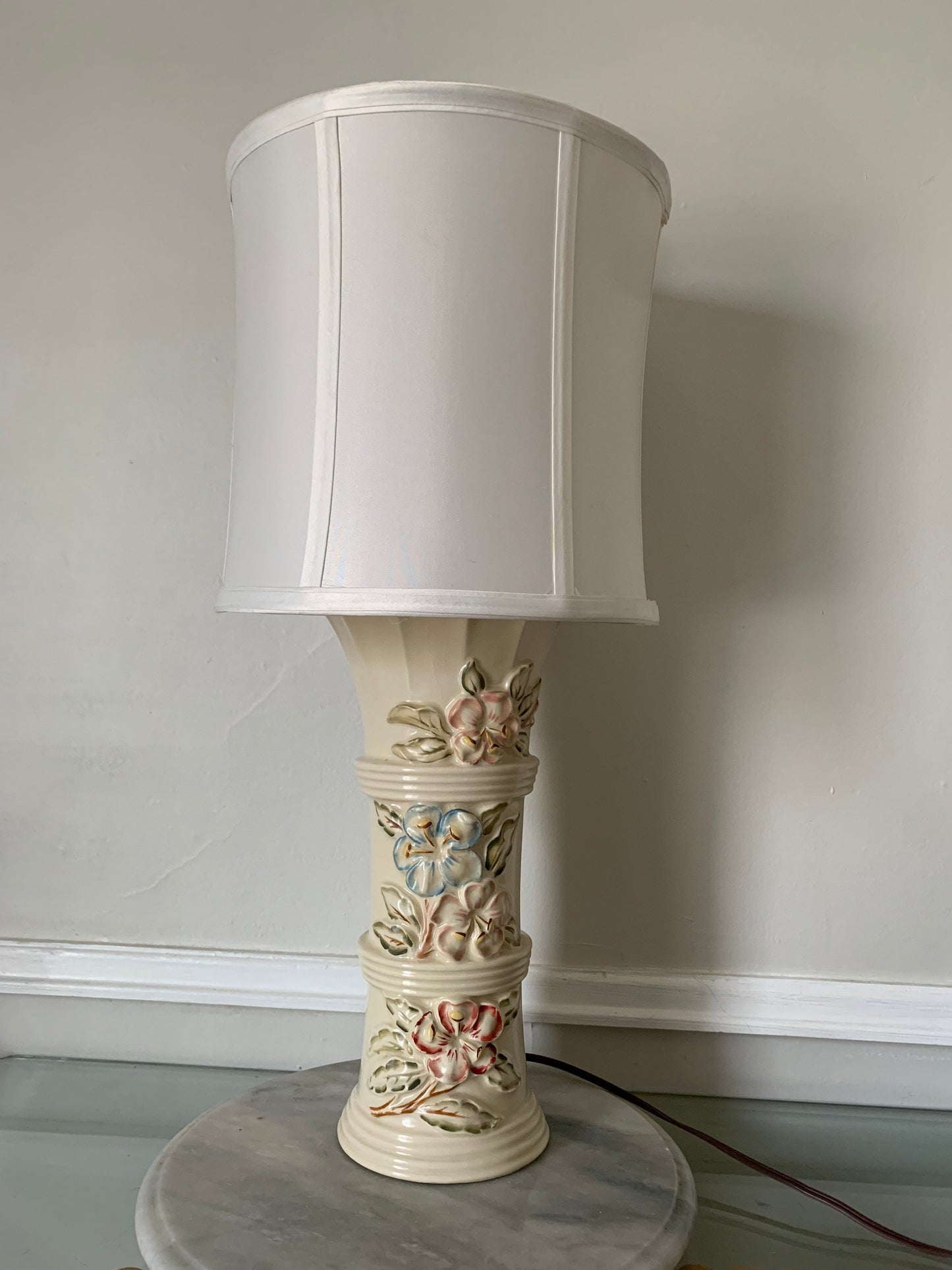 Vintage Medium Cream Ceramic Lamp with Pastel Flowers Table Lamp