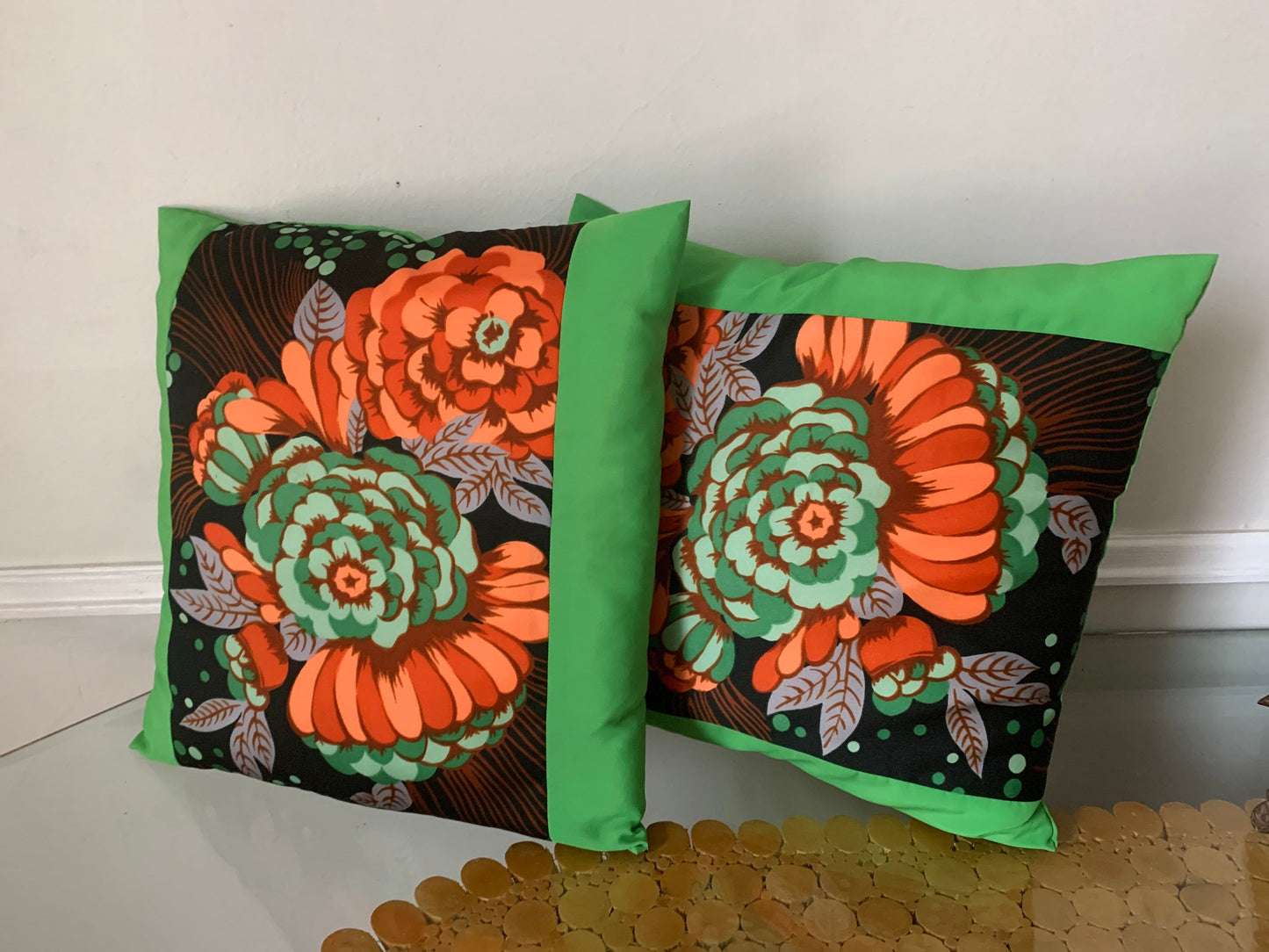 Set of Two Bright Lime Green Floral Pillows