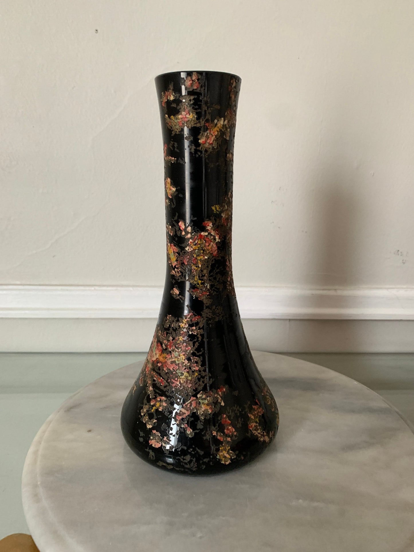 Vintage Black Etched Incrusto Glass Vase with Pink Detailing