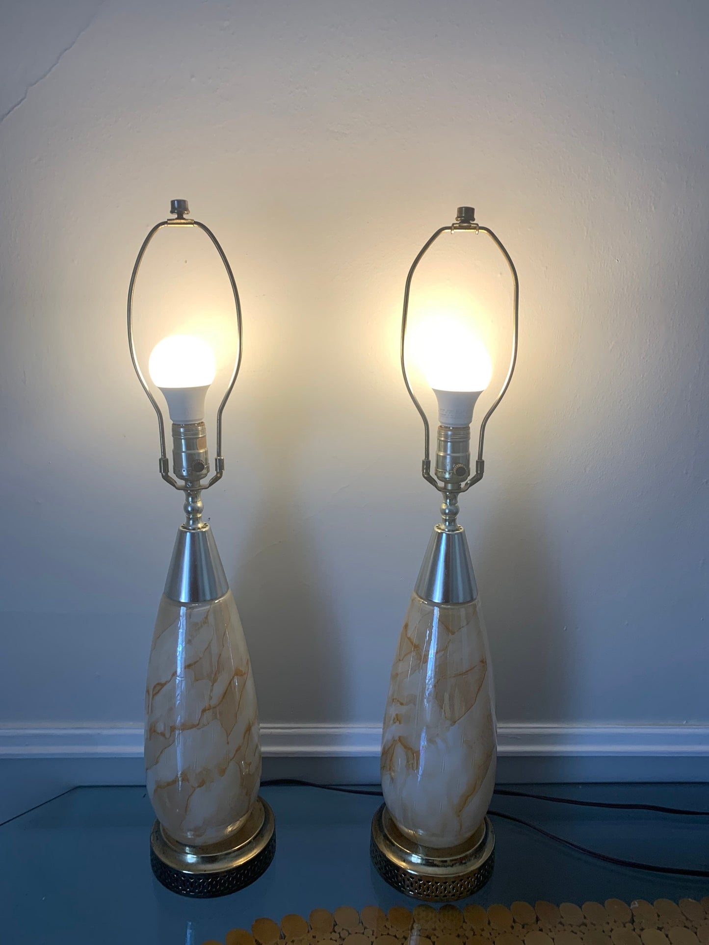 Pair of MCM Iridescent Peach Marble Effect Glass Table Lamps with Honeycomb Pattern Shades not Included