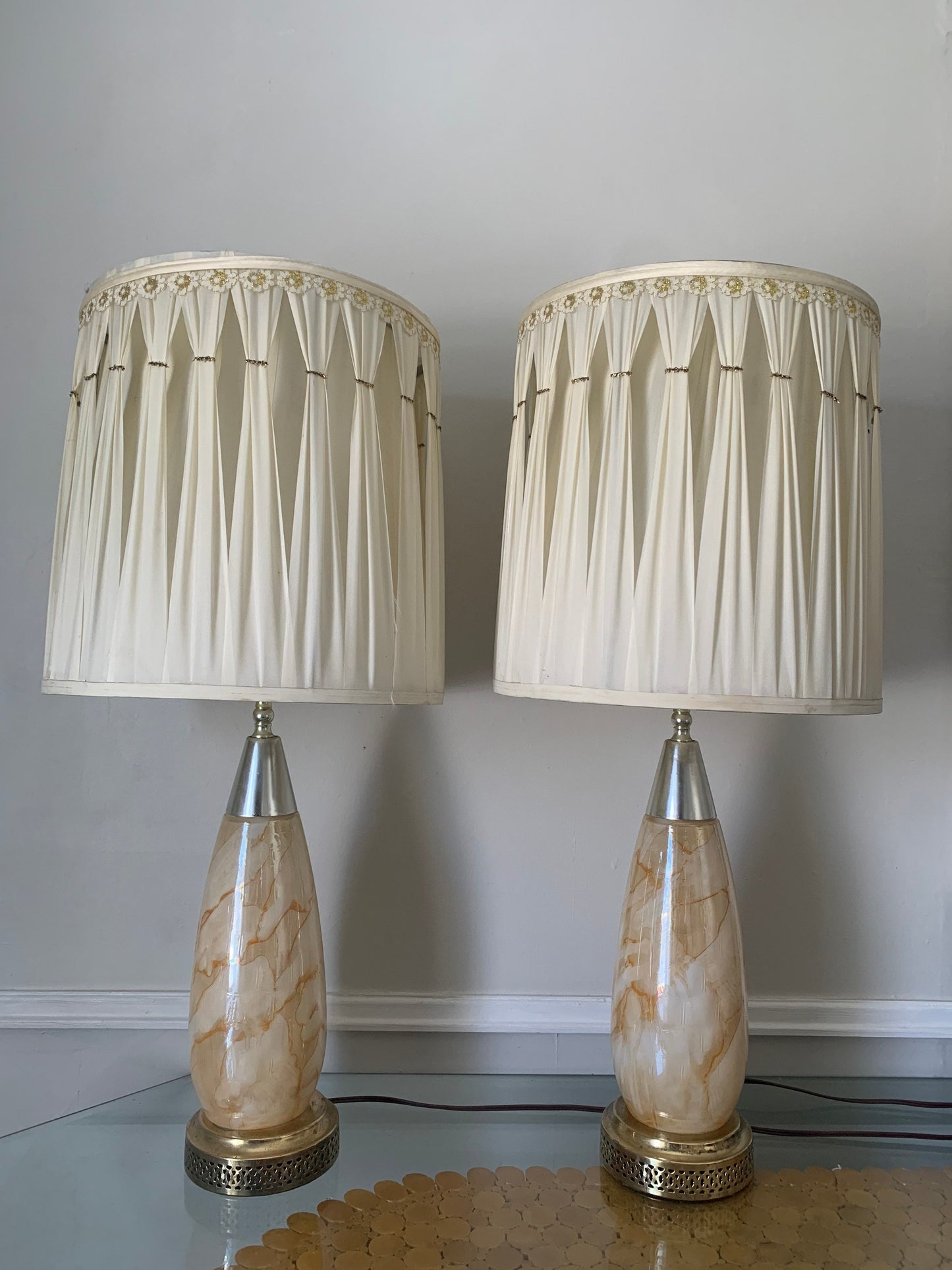 Pair of MCM Iridescent Peach Marble Effect Glass Table Lamps with Honeycomb Pattern Shades not Included