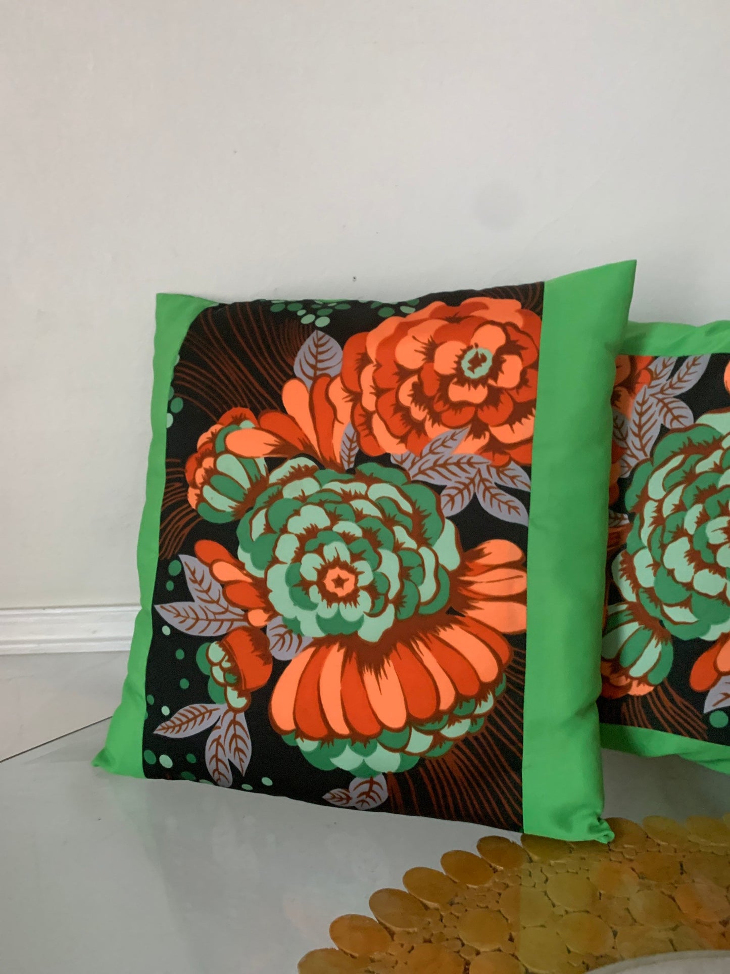 Set of Two Bright Lime Green Floral Pillows