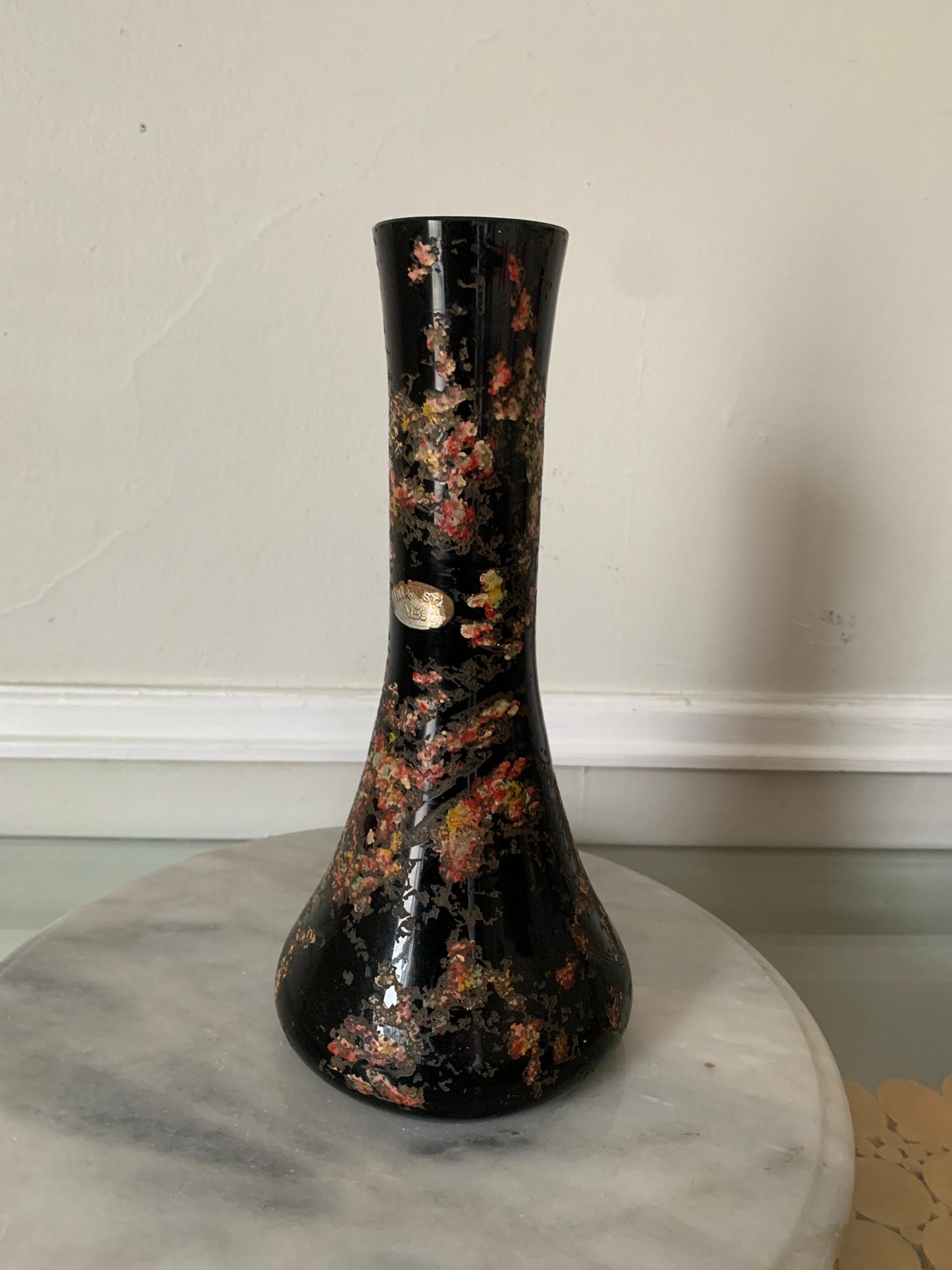 Vintage Black Etched Incrusto Glass Vase with Pink Detailing
