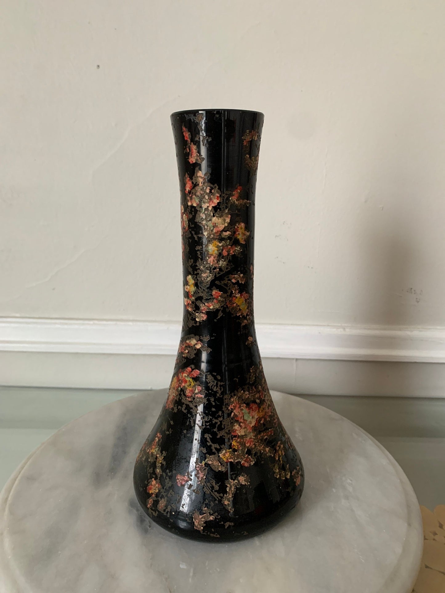 Vintage Black Etched Incrusto Glass Vase with Pink Detailing