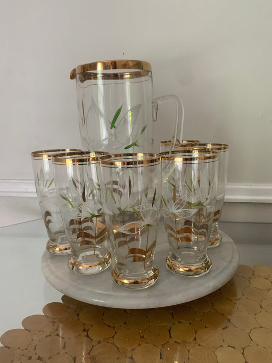 Vintage Set of 6 Hand Painted Gold Rimmed Glasses with Pitcher