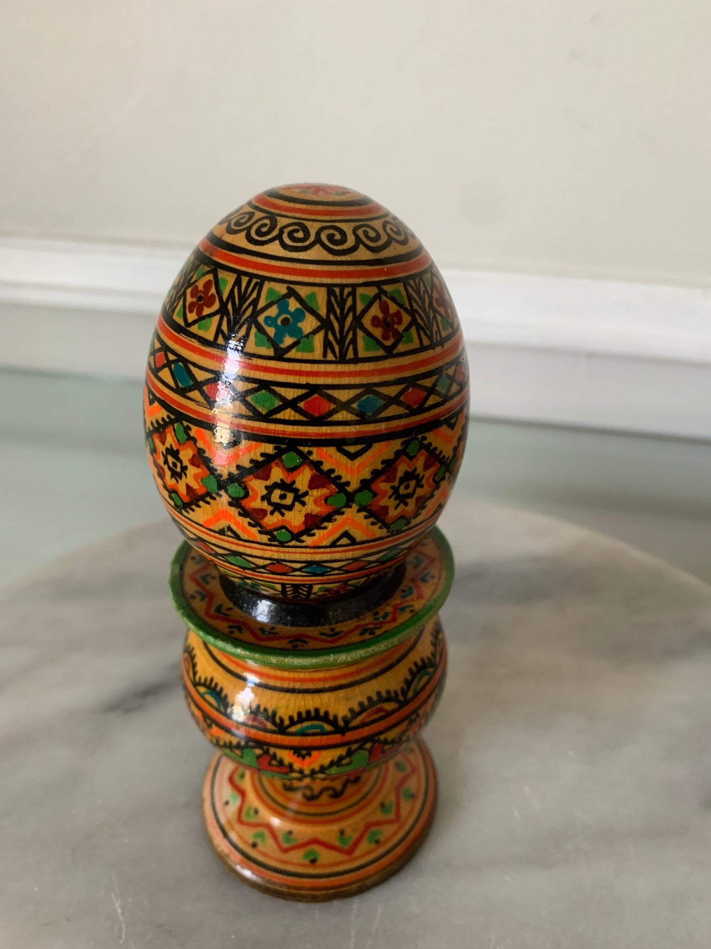 Large Vintage Hand Painted Wooden Egg with Stand