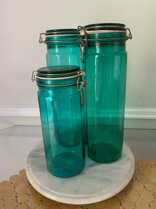 Set of 3  Retro Deep Turquoise Panelled Glass Canisters with Hinged Bail Locking Lids