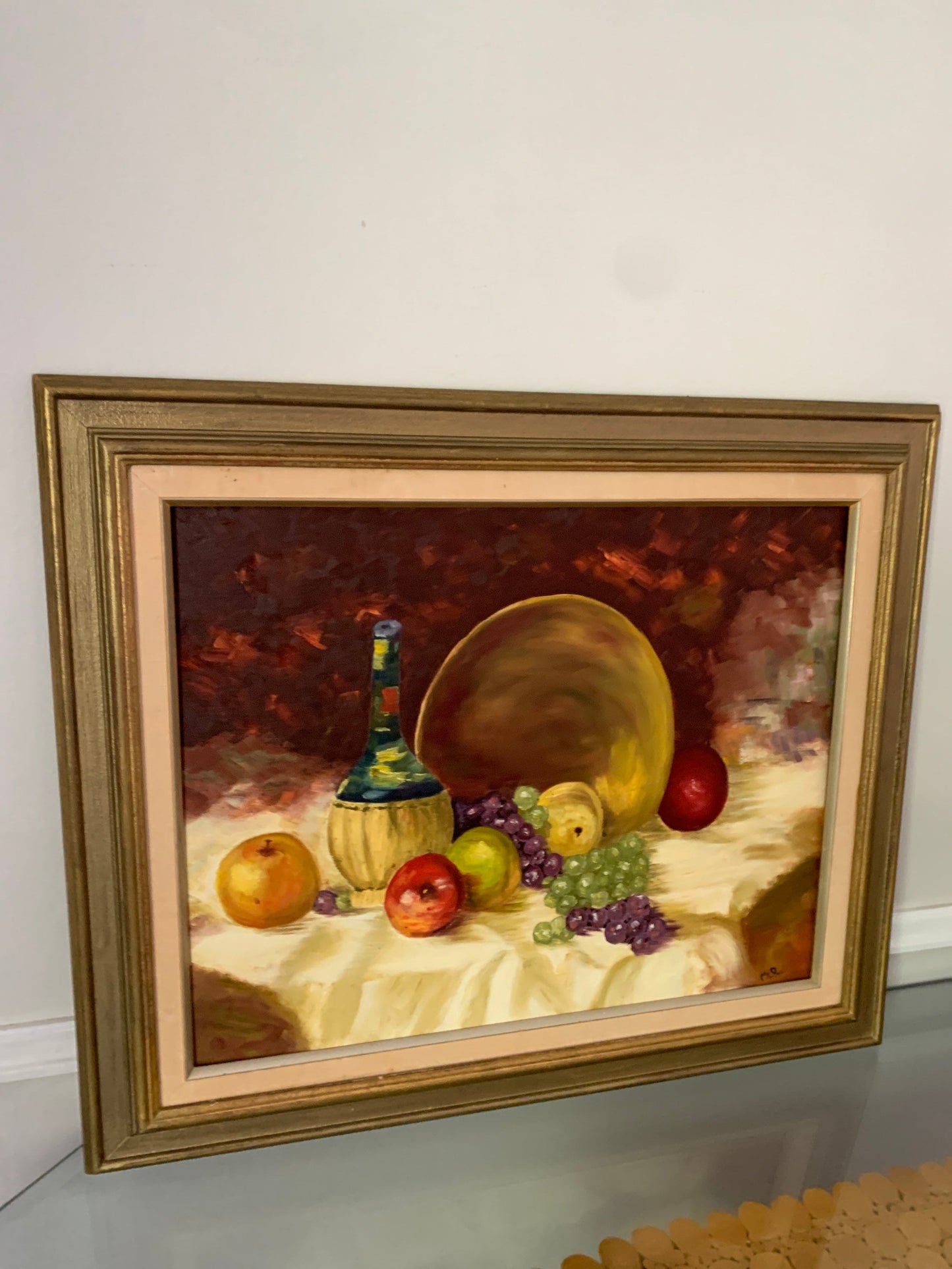 Large Vintage Acrylic Still Life Painting in Wood Frame