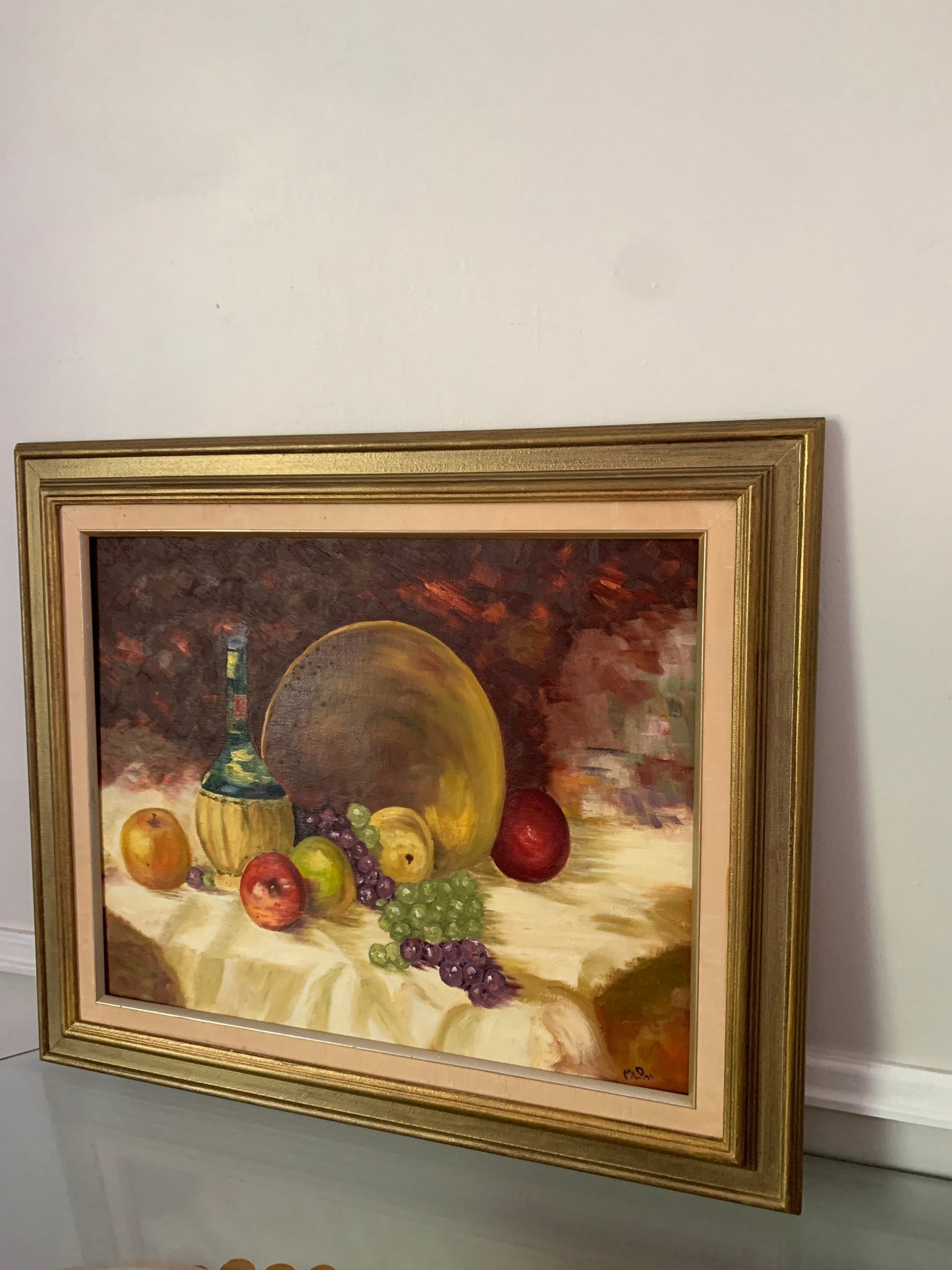 Large Vintage Acrylic Still Life Painting in Wood Frame