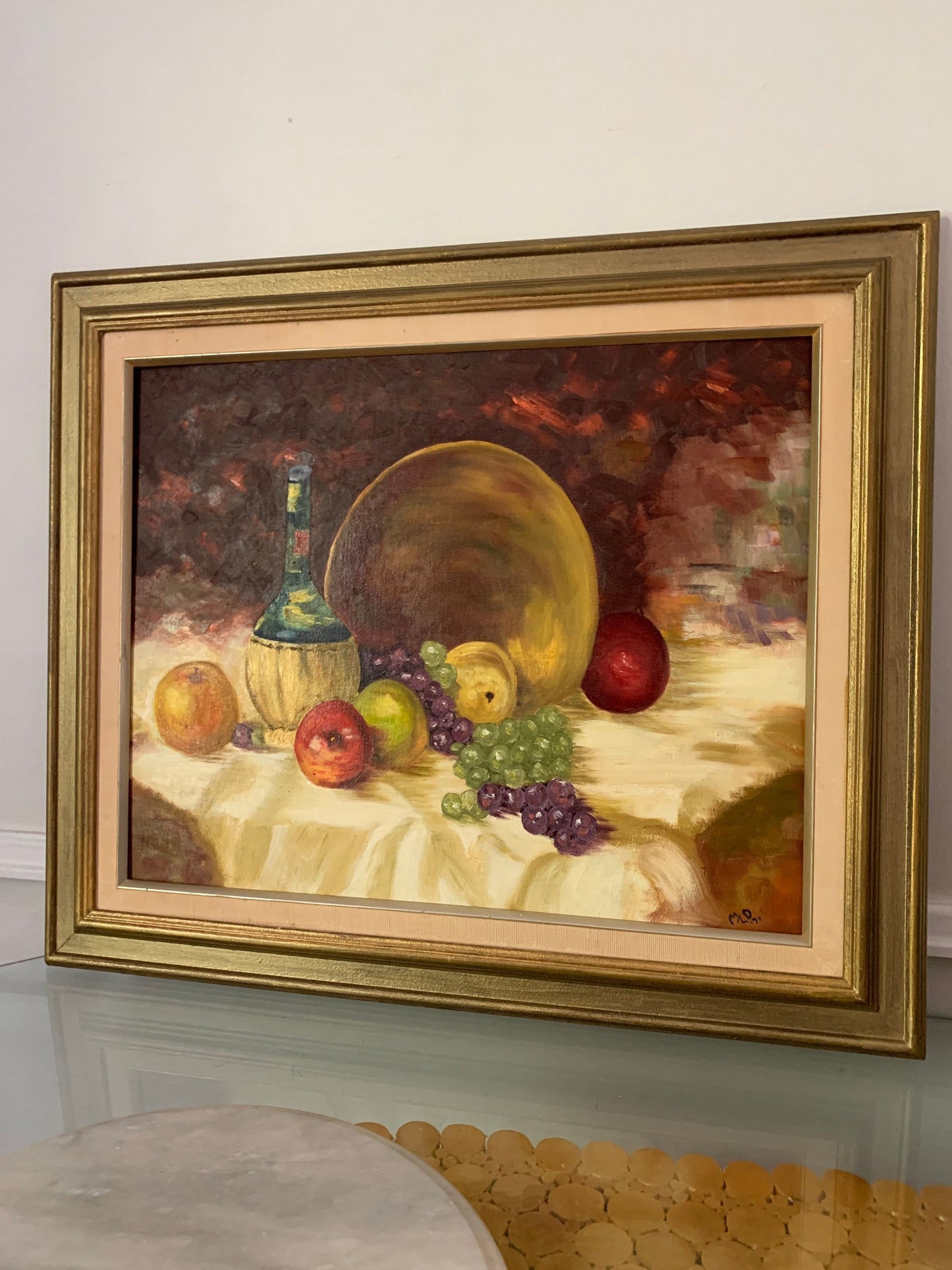 Large Vintage Acrylic Still Life Painting in Wood Frame