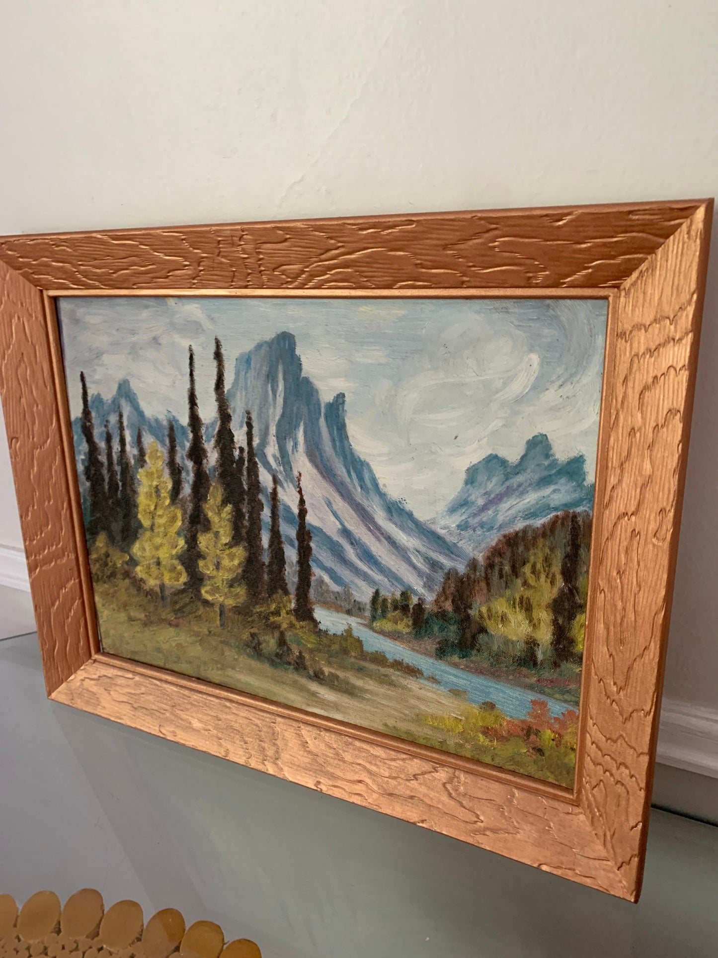 Medium Vintage 1958 Acrylic Mountain Landscape Painting in Wood Frame