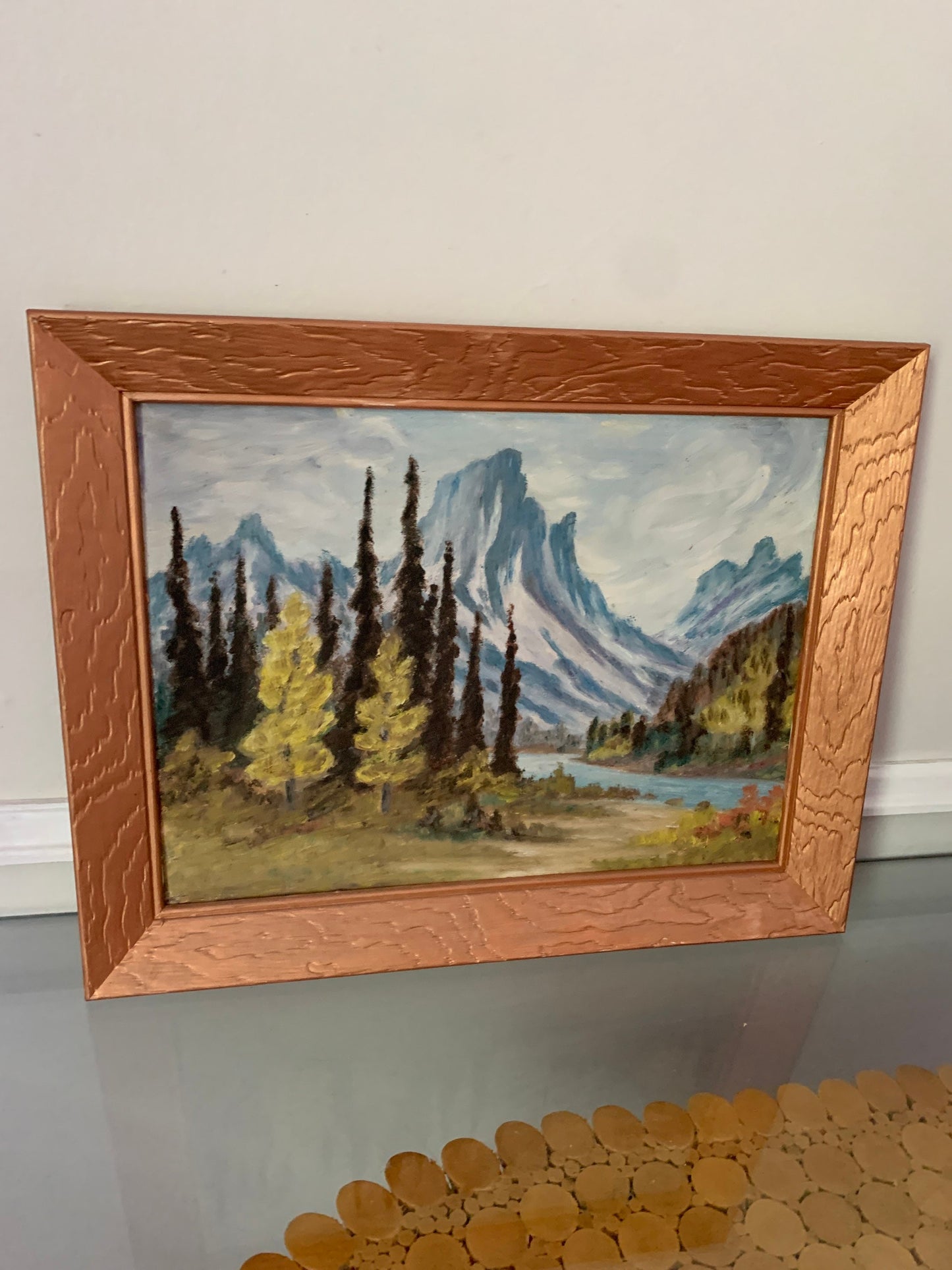 Medium Vintage 1958 Acrylic Mountain Landscape Painting in Wood Frame