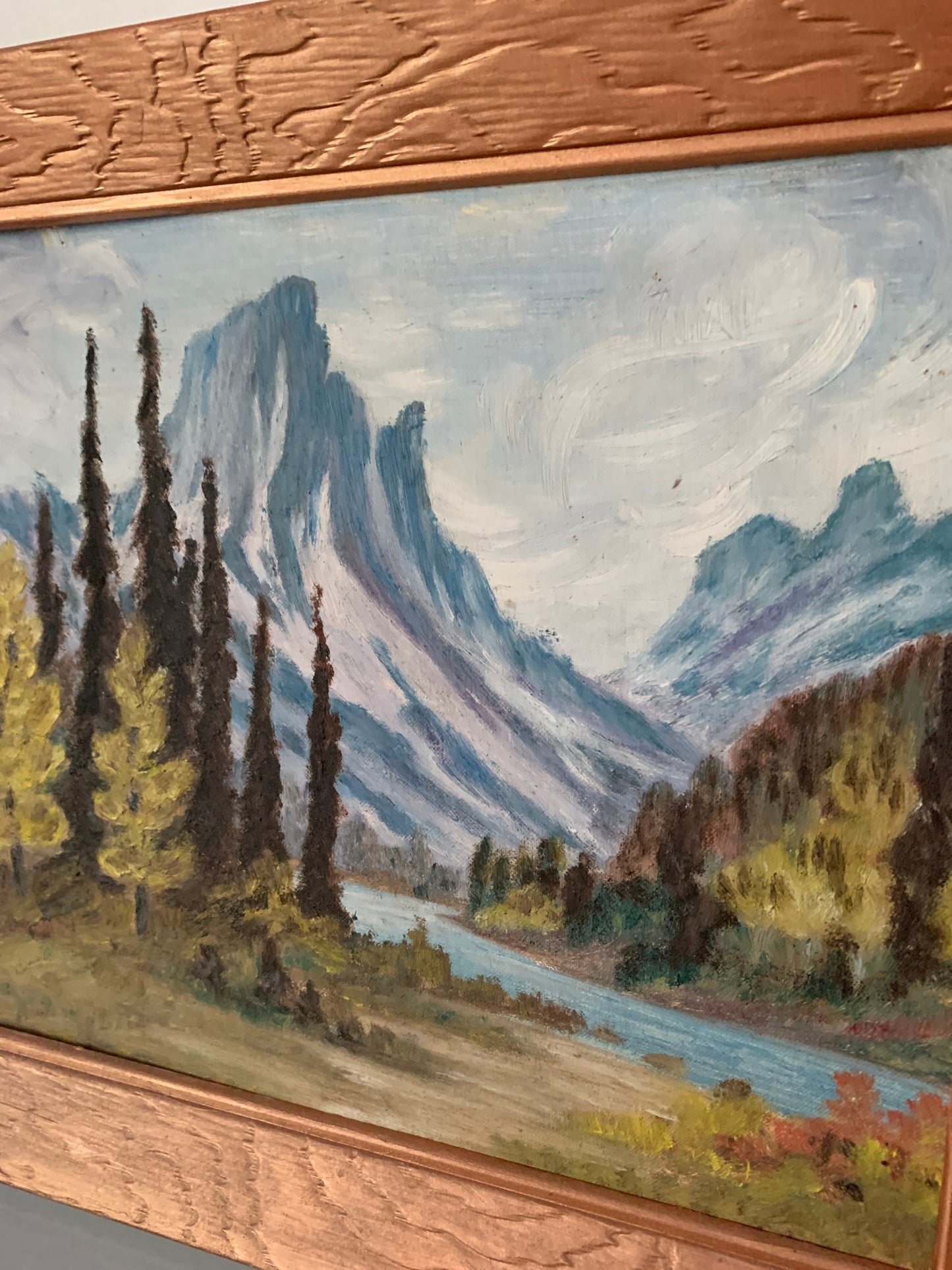 Medium Vintage 1958 Acrylic Mountain Landscape Painting in Wood Frame