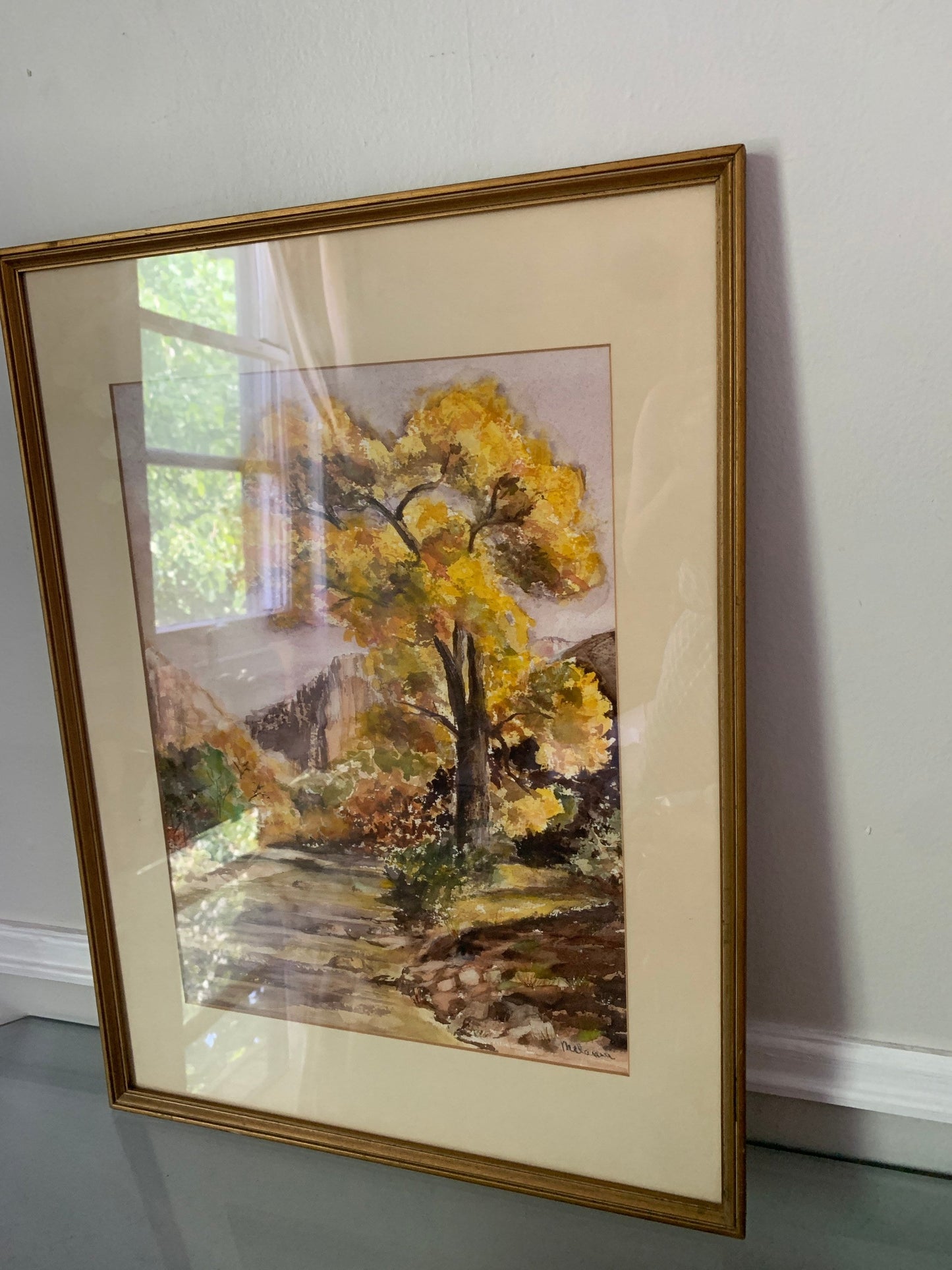 Large Vintage Framed Watercolour Autumnal Landscape