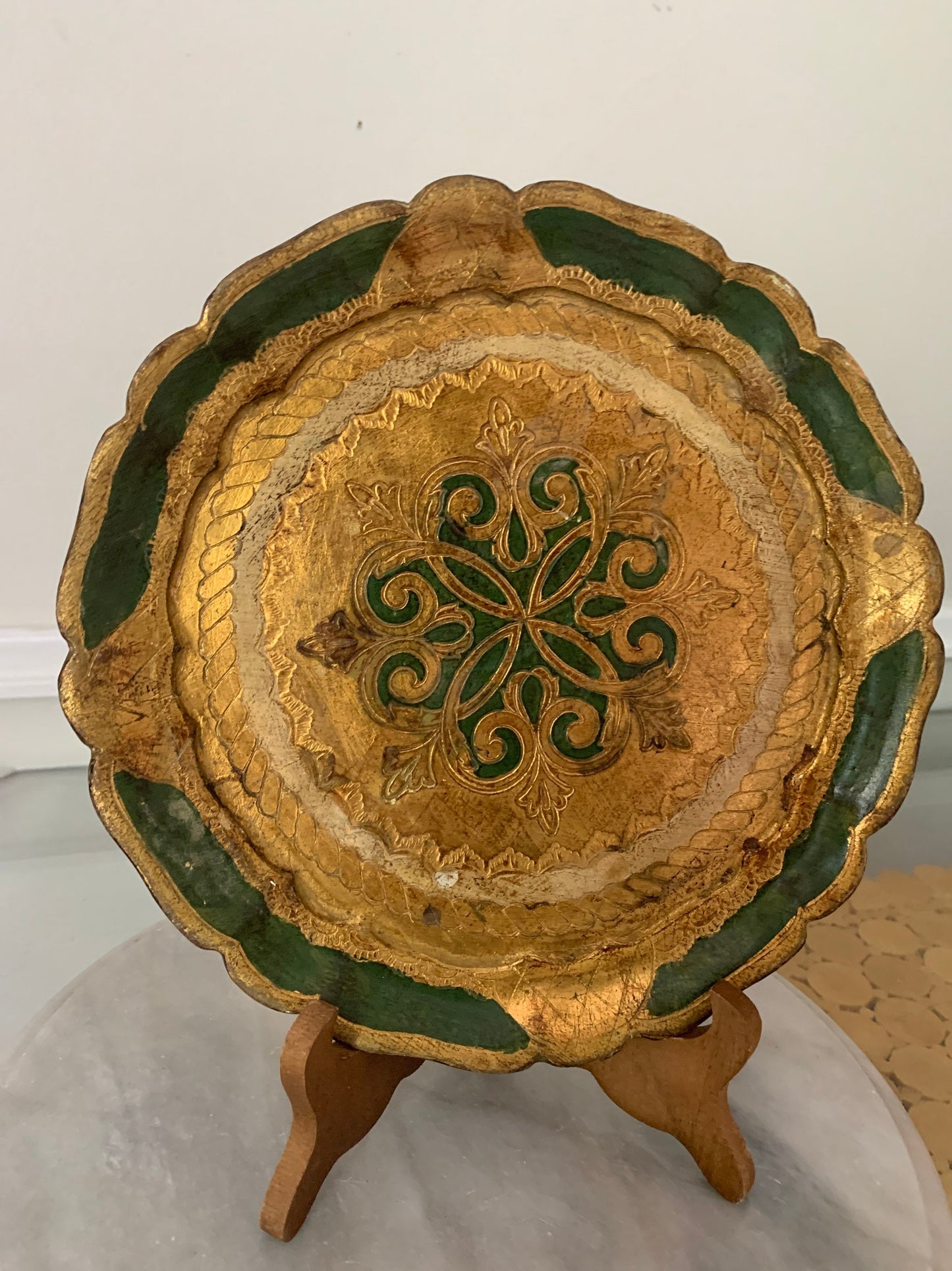 Vintage Small Round Green And Gold Florentine Wooden Gilded Serving Tray