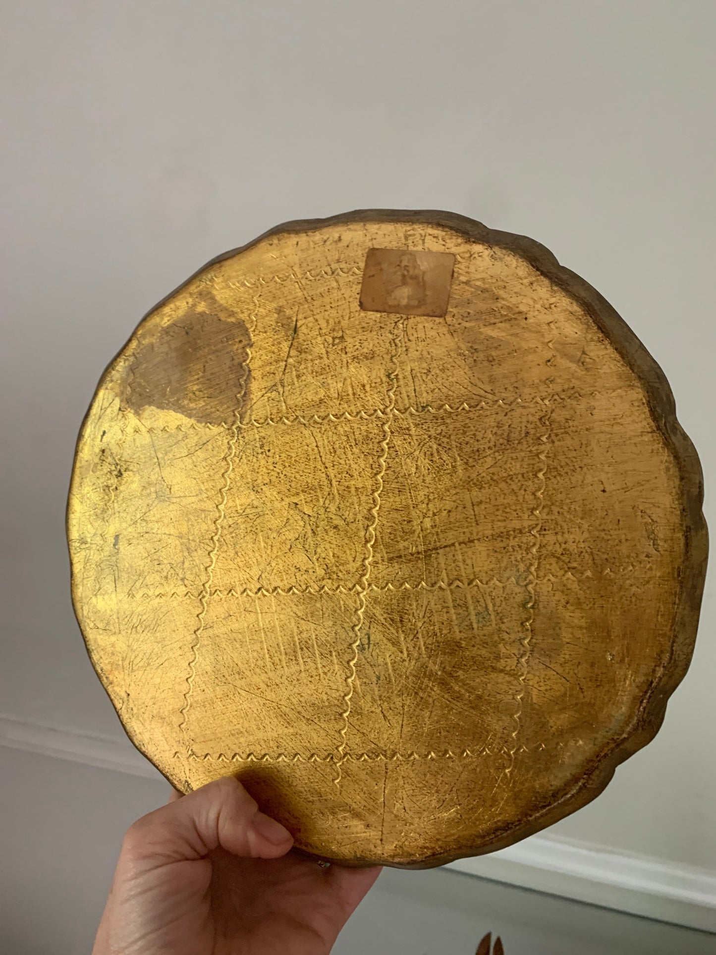 Vintage Small Round Green And Gold Florentine Wooden Gilded Serving Tray