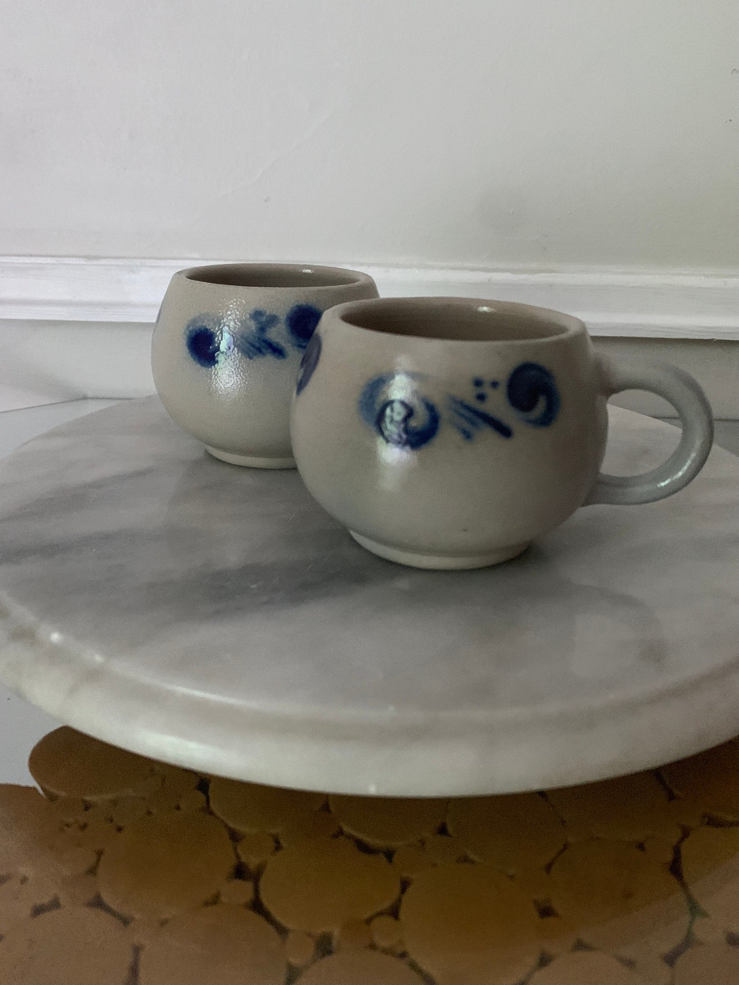 Pair of Vintage Merkelbach Goebei Salt Glaze Cobalt Blue Pottery Mugs Made in Western Germany