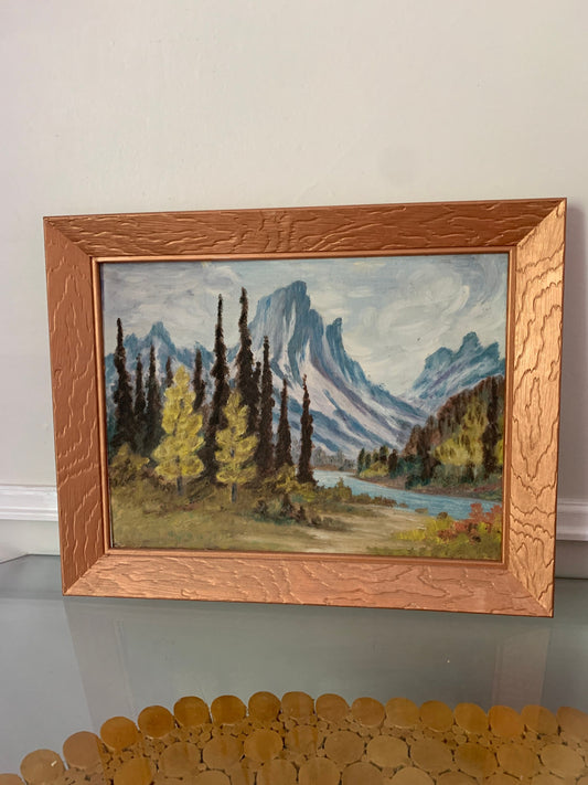 Medium Vintage 1958 Acrylic Mountain Landscape Painting in Wood Frame