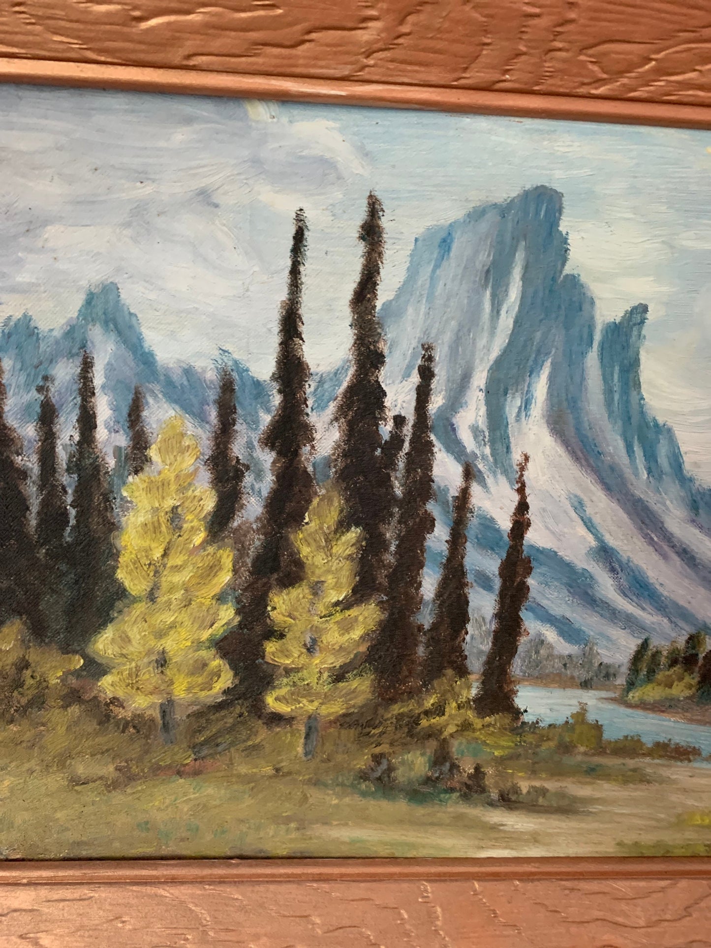 Medium Vintage 1958 Acrylic Mountain Landscape Painting in Wood Frame