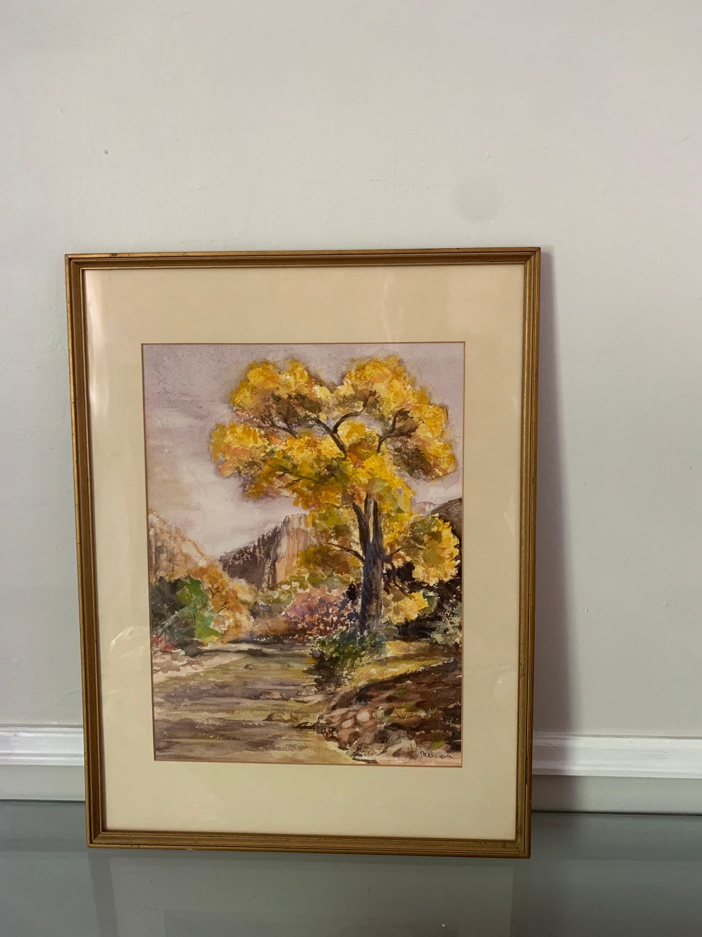 Large Vintage Framed Watercolour Autumnal Landscape