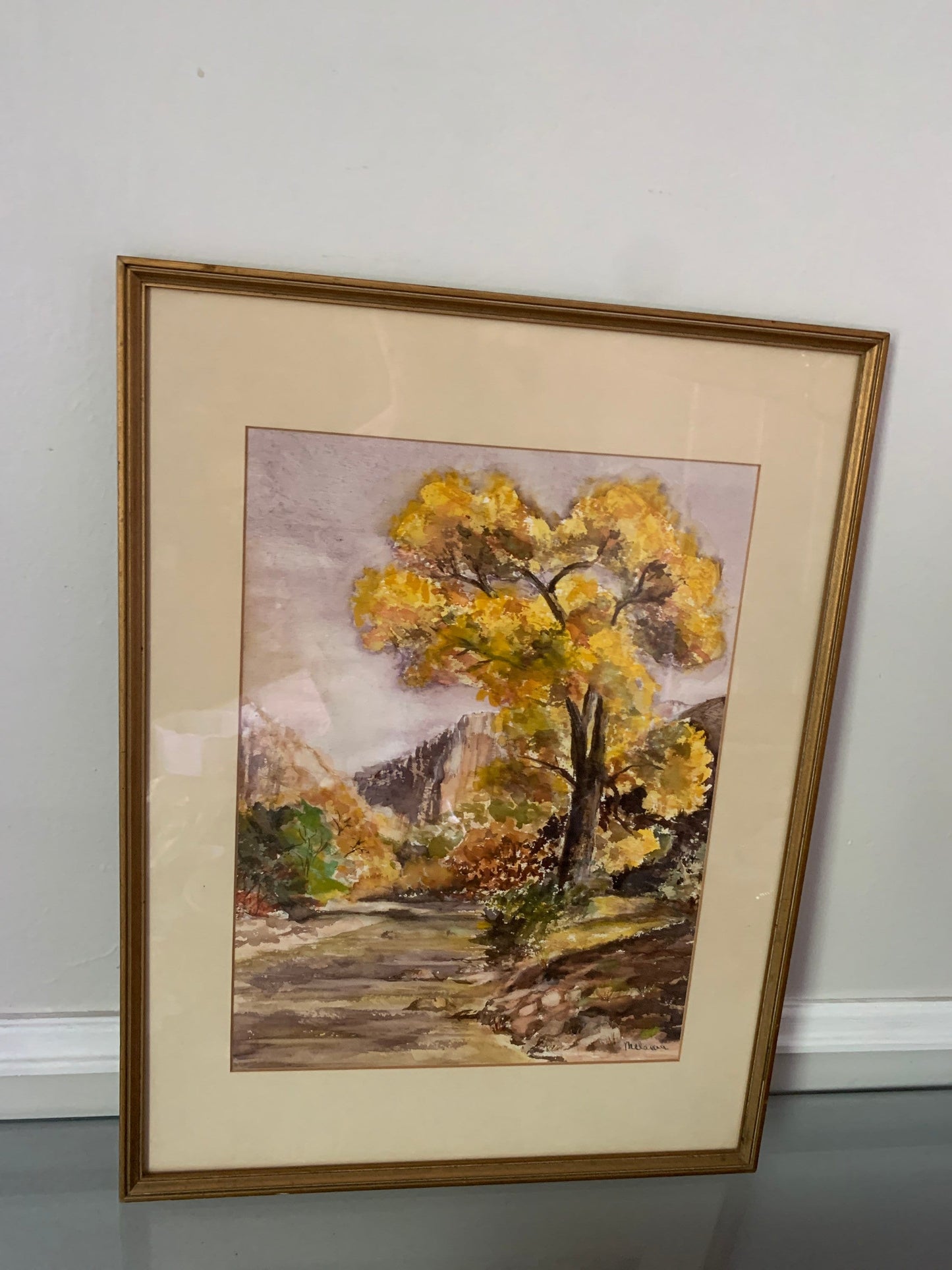 Large Vintage Framed Watercolour Autumnal Landscape