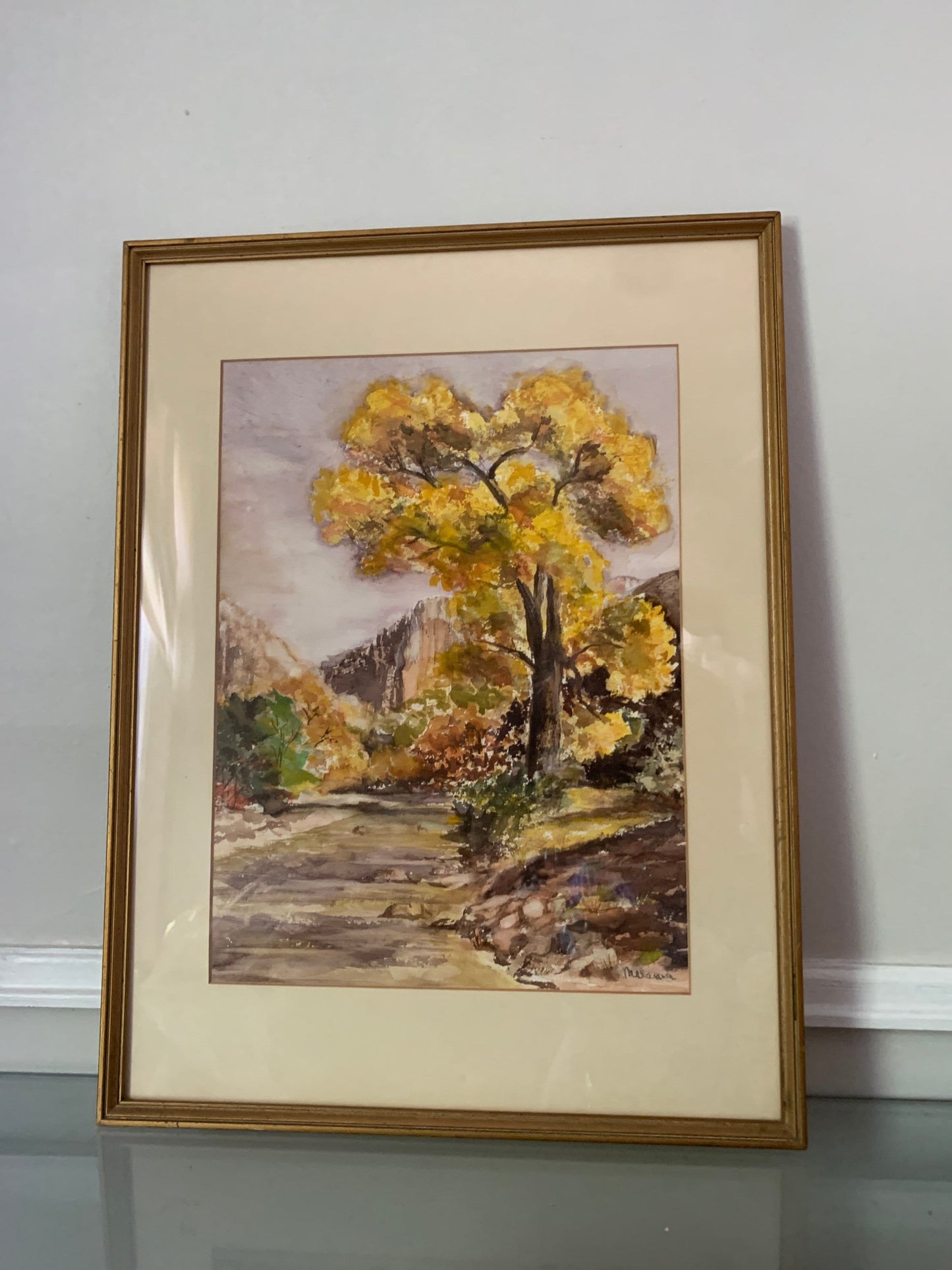 Large Vintage Framed Watercolour Autumnal Landscape