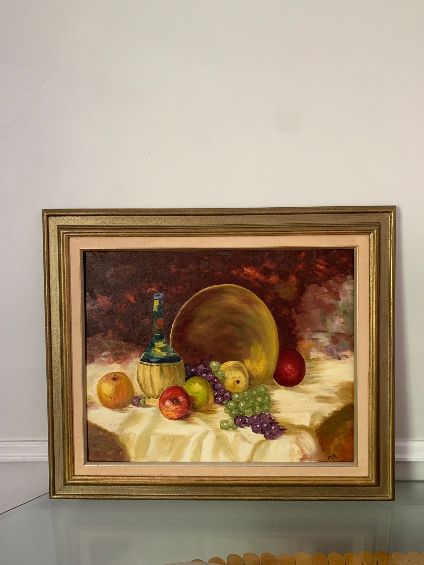 Large Vintage Acrylic Still Life Painting in Wood Frame