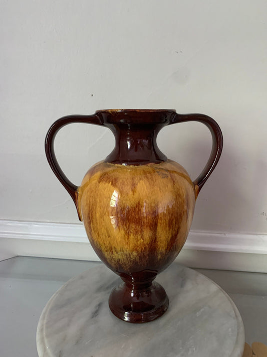 MCM 1970s Tall Yellow and Brown Lava Glazed Pottery Vase with Double Handles