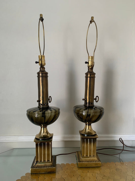 Pair of Tall Vintage Smokey Topaz Glass and Brass Table Lamps No Shades