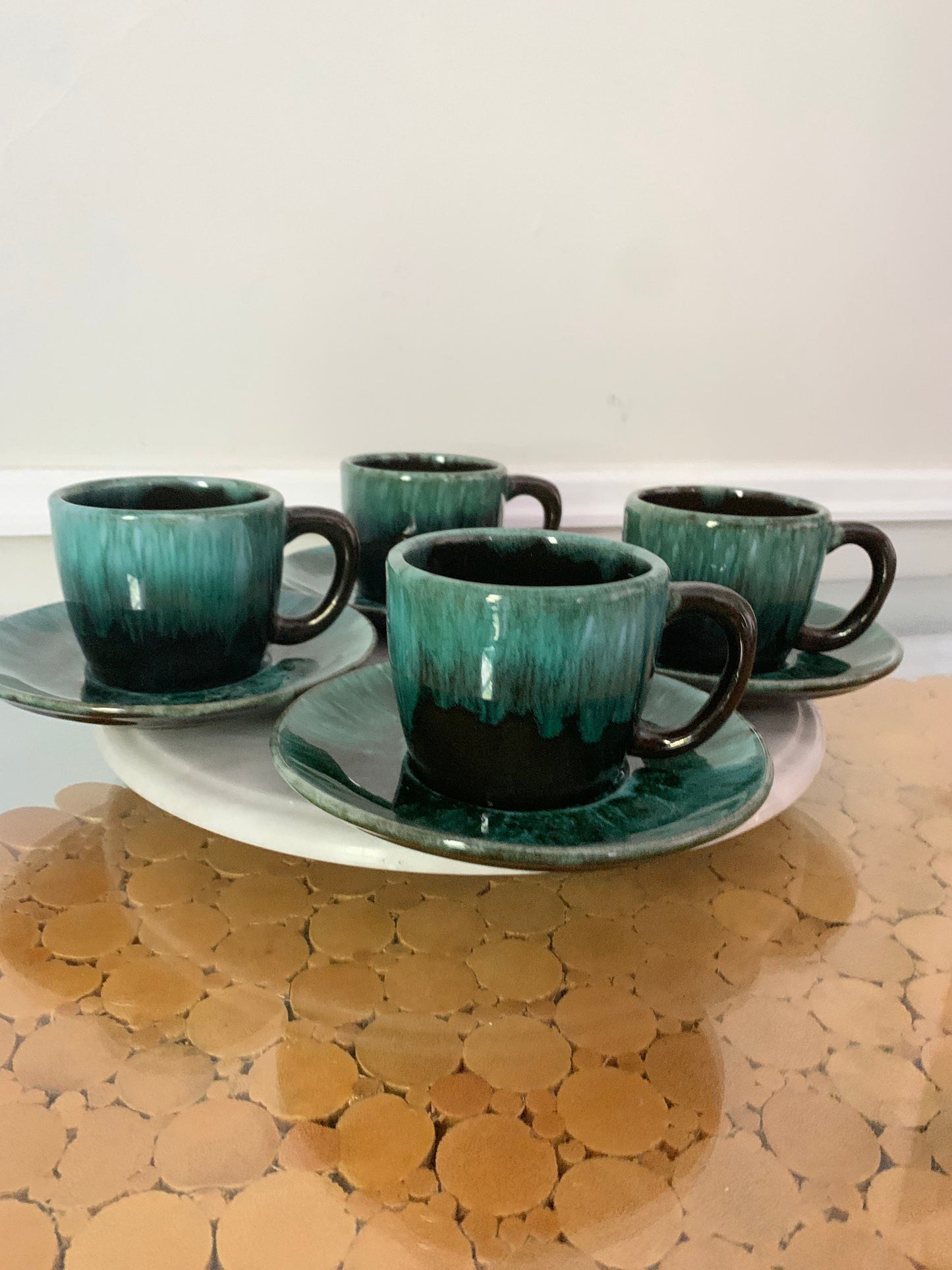 Set of 4 MCM Green Drip Glaze Pottery Mugs & Saucers