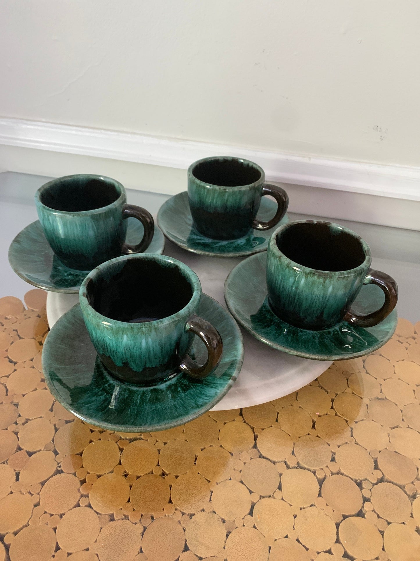 Set of 4 MCM Green Drip Glaze Pottery Mugs & Saucers