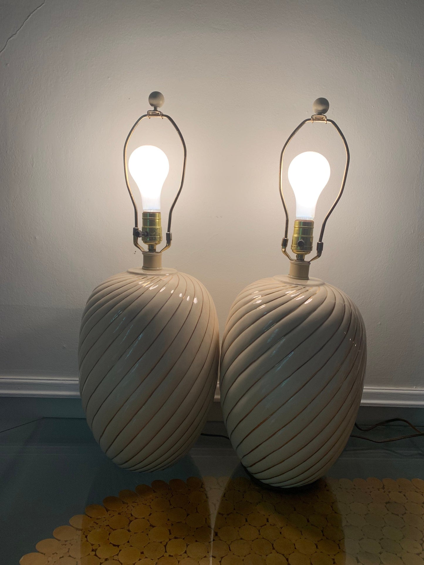 Pair of Retro Large Cream and Gold Striped Ceramic Lamp No Shades