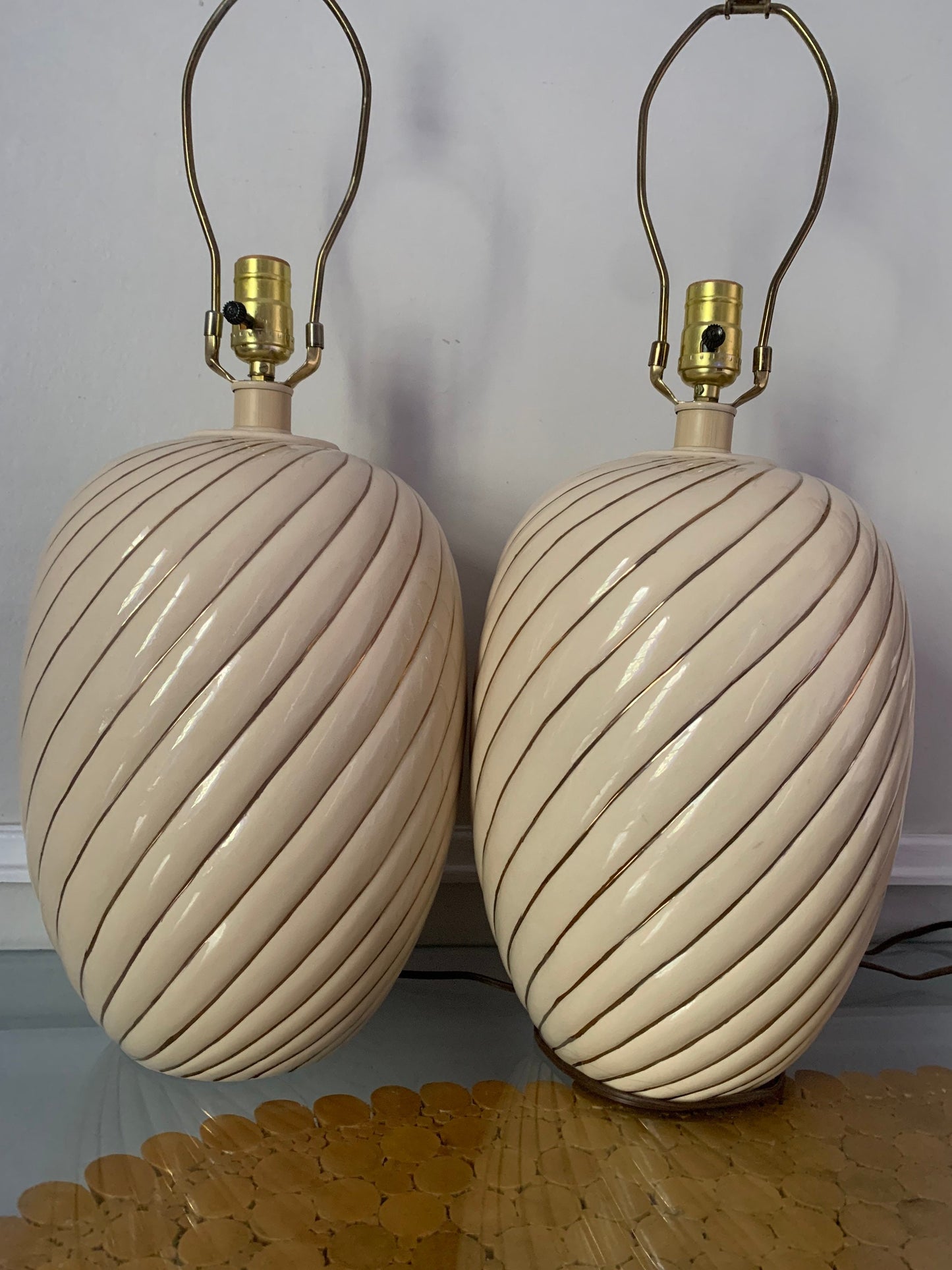 Pair of Retro Large Cream and Gold Striped Ceramic Lamp No Shades